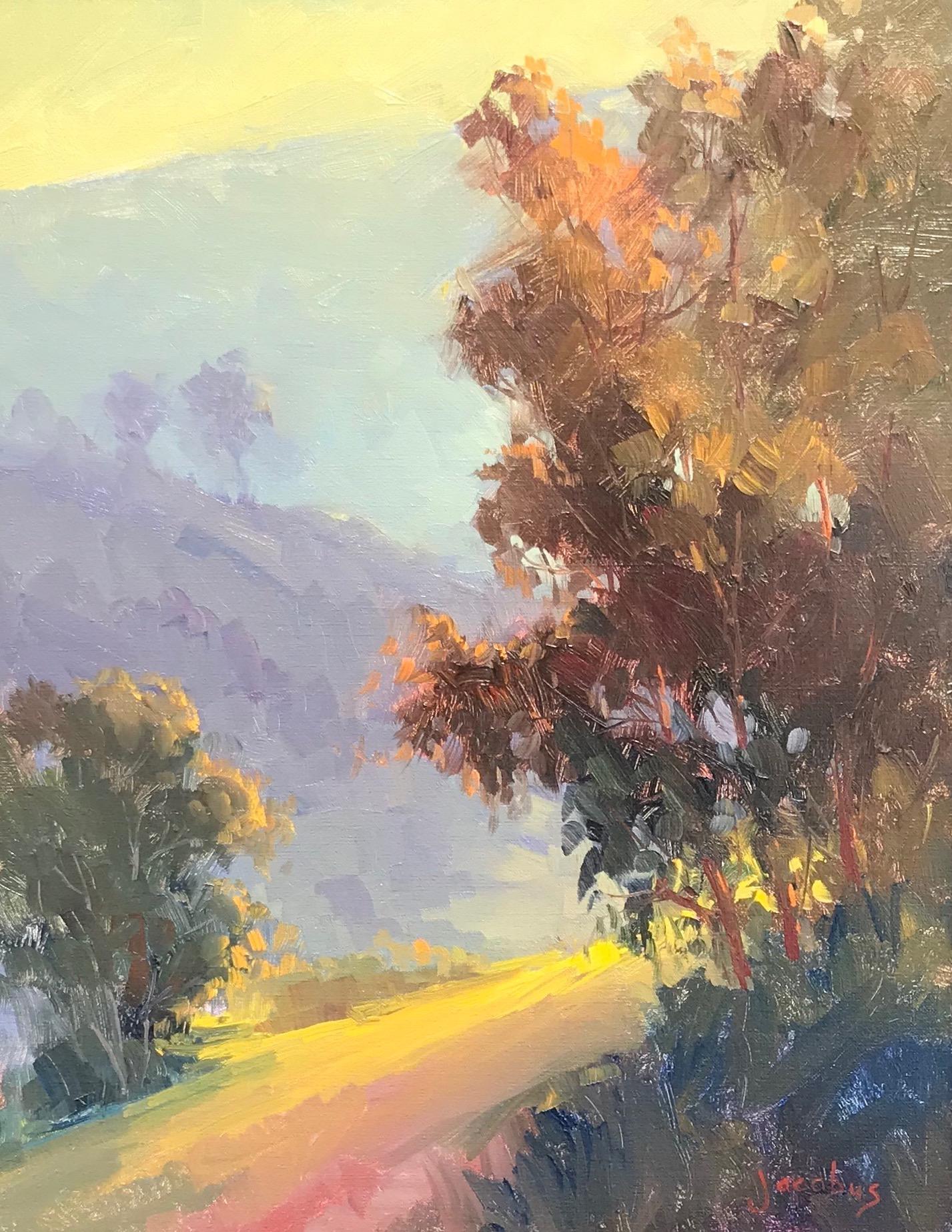 Landscape Painting di Jacobus Baas - "Luce del mattino"  Scena costiera della California del Sud con eucalipto
