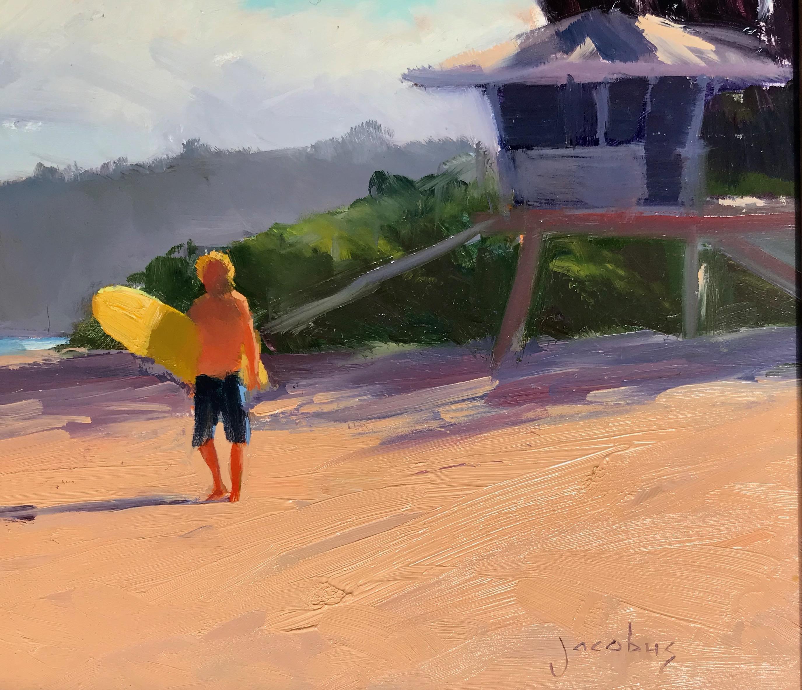 A sun drenched oil painted on location on the North Shore of Oahu in Hawaii by noted California and Hawaii artist Jacobus Baas, this plein air painting 