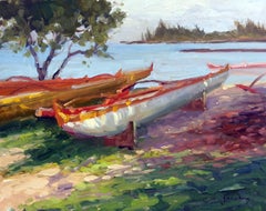"Outrigger Canoes, Haliewa" Hawaii Plein Air Oil Painting by Jacobus Baas