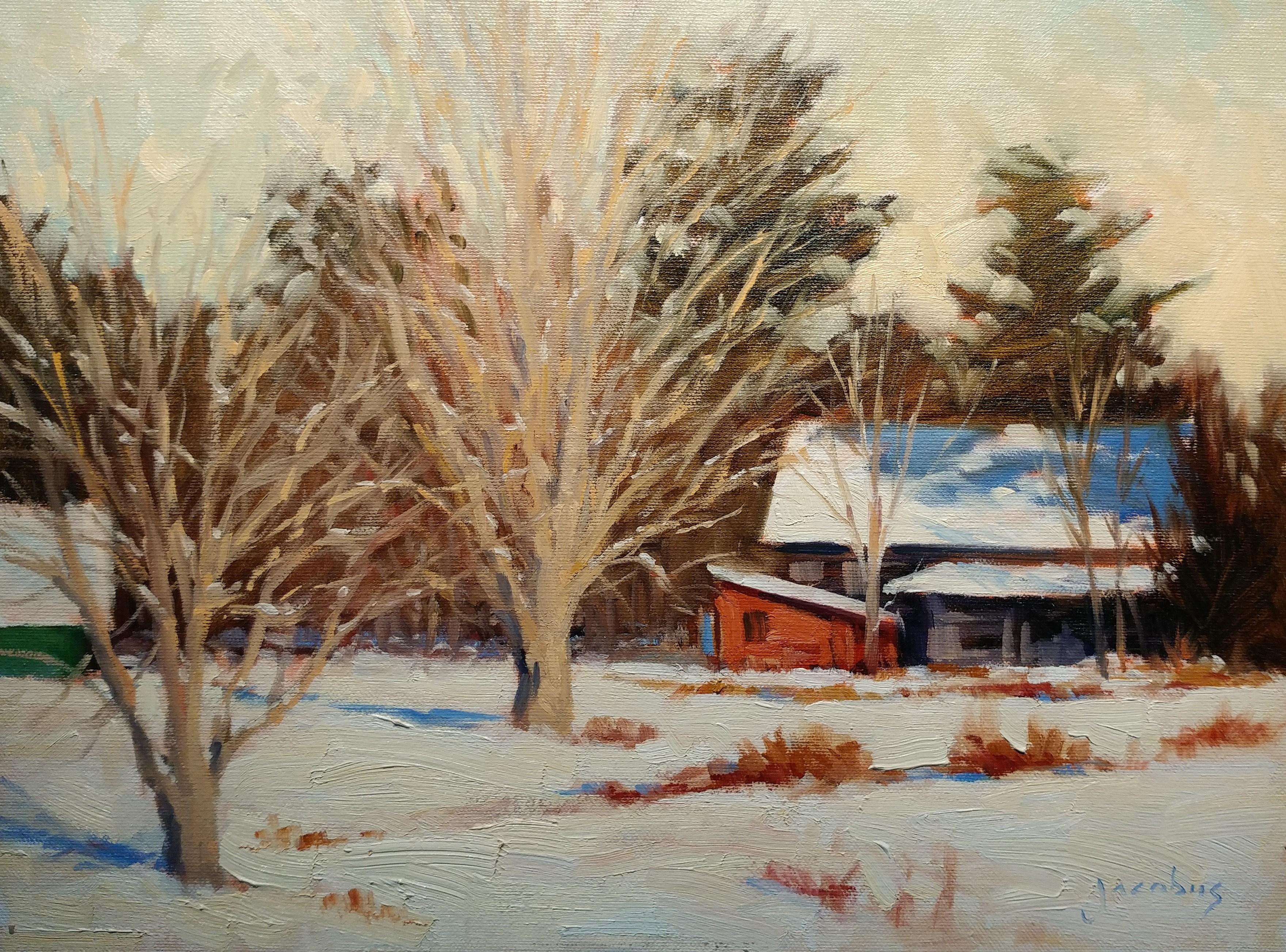 Jacobus Baas Landscape Painting - "Red Tool Shed" Maine Plein Air Oil Painting