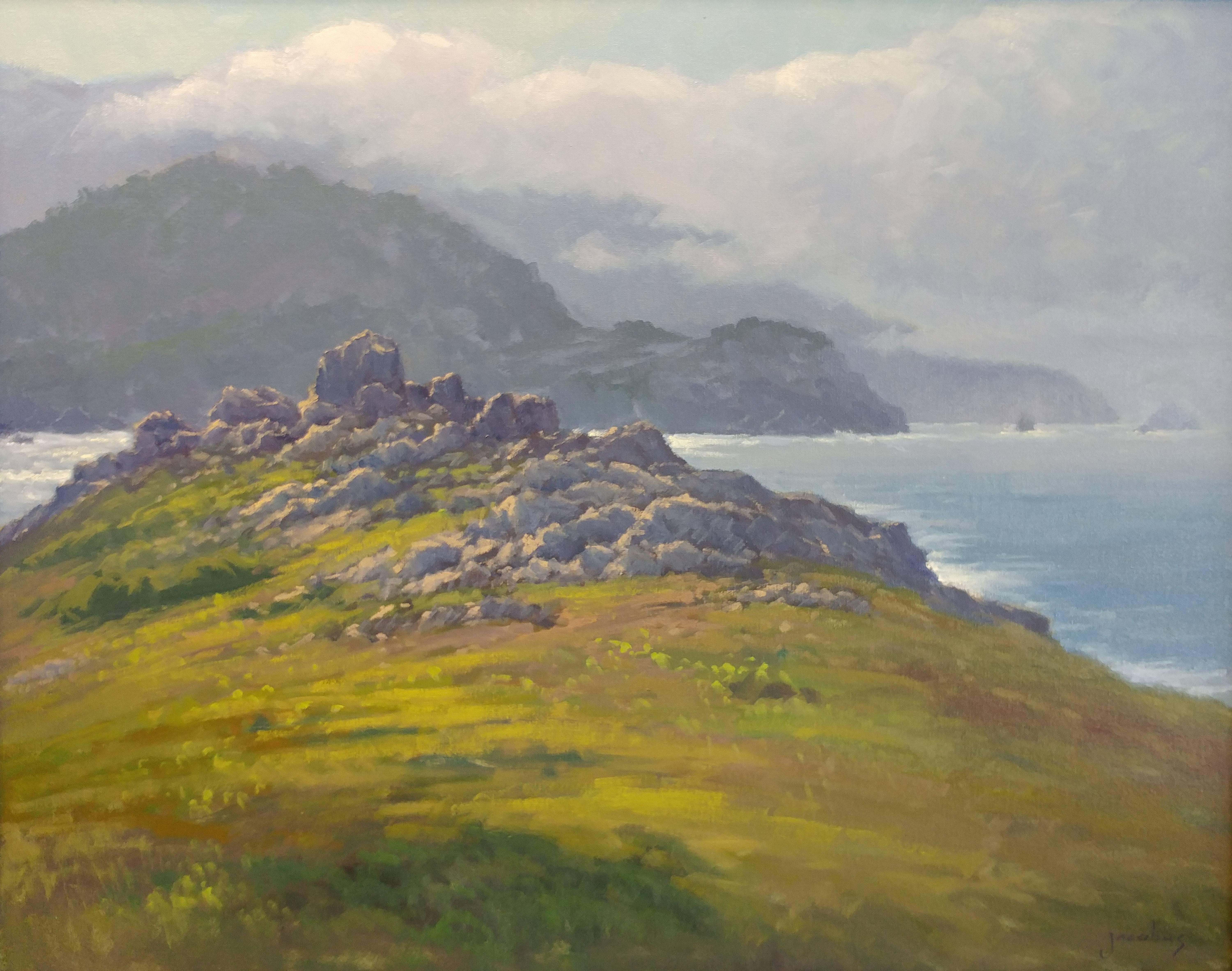 An atmospheric oil painted on location on the Central Coast by noted California artist Jacobus Baas, this plein air painting "Rocky Point, Big Sur," exhibits the subtle touch and beautiful light that the artist is known for.  Capturing the clarity