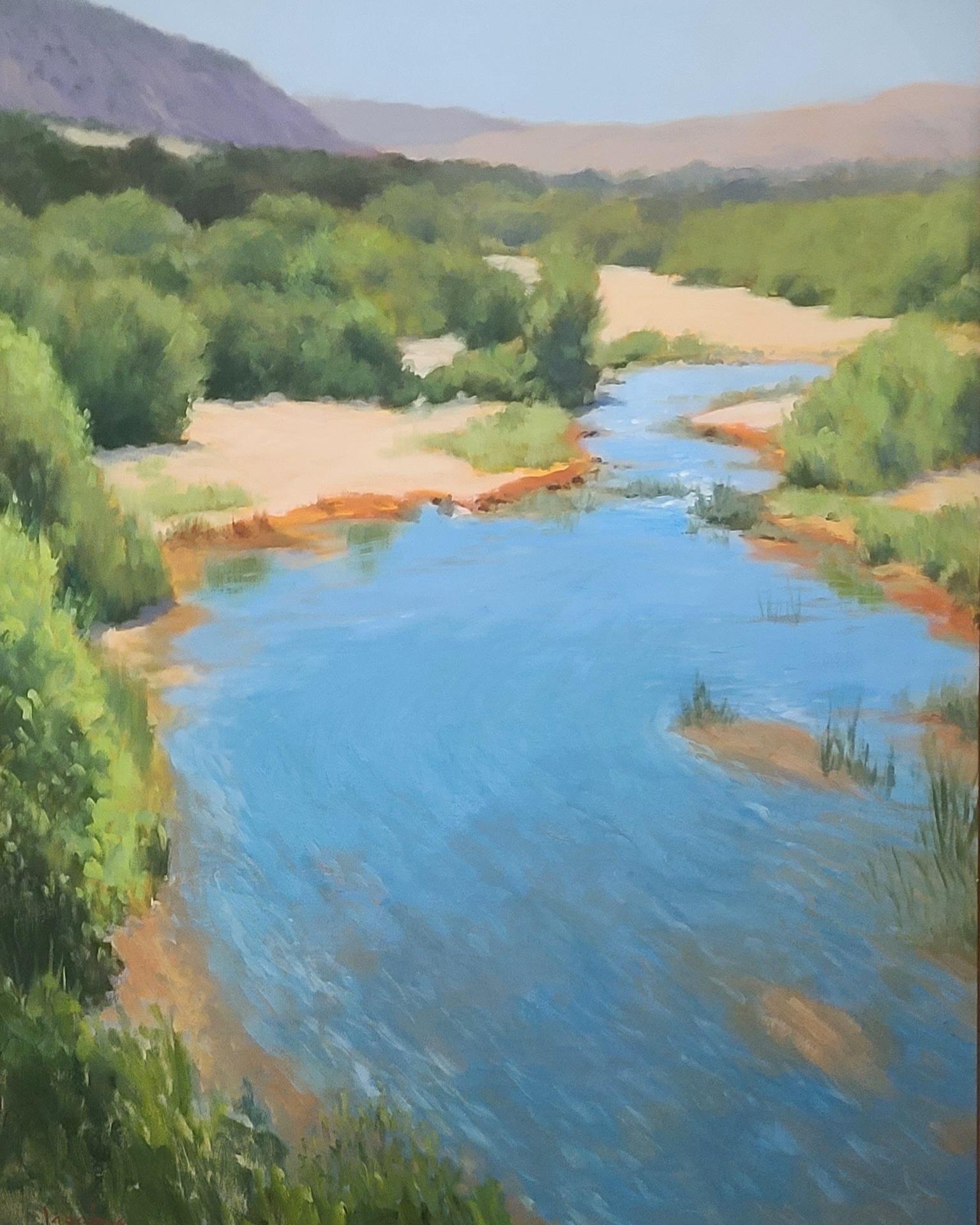 "Santa Ynez River Reflections" is an atmospheric oil painted from a study done on location in California by noted California artist Jacobus Baas. This plein air style painting exhibits the subtle touch and beautiful light that the artist is known
