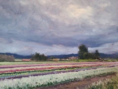 "Storm Clouds Over Flower Fields" California Plein Air Painting with Green, Reds