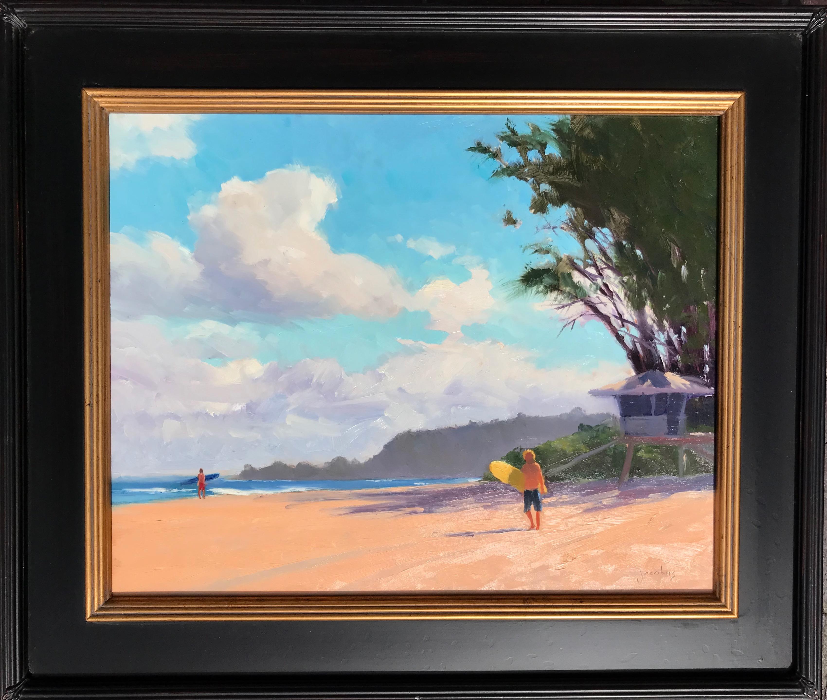 « Surfer At Chun''s Beach », huile en plein air de la côte nord de l'Hawaï  - Painting de Jacobus Baas