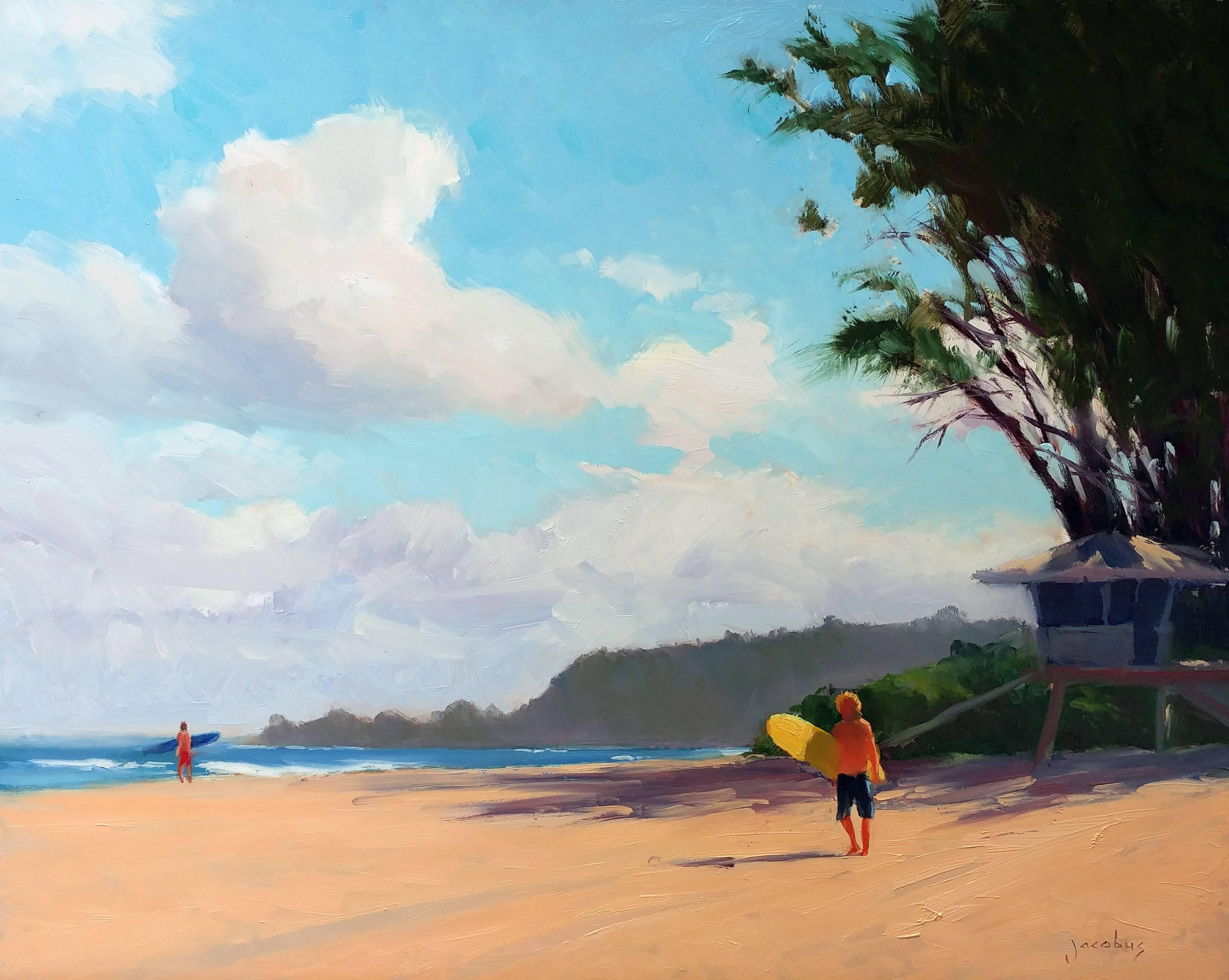 Landscape Painting Jacobus Baas - « Surfer At Chun''s Beach », huile en plein air de la côte nord de l'Hawaï 