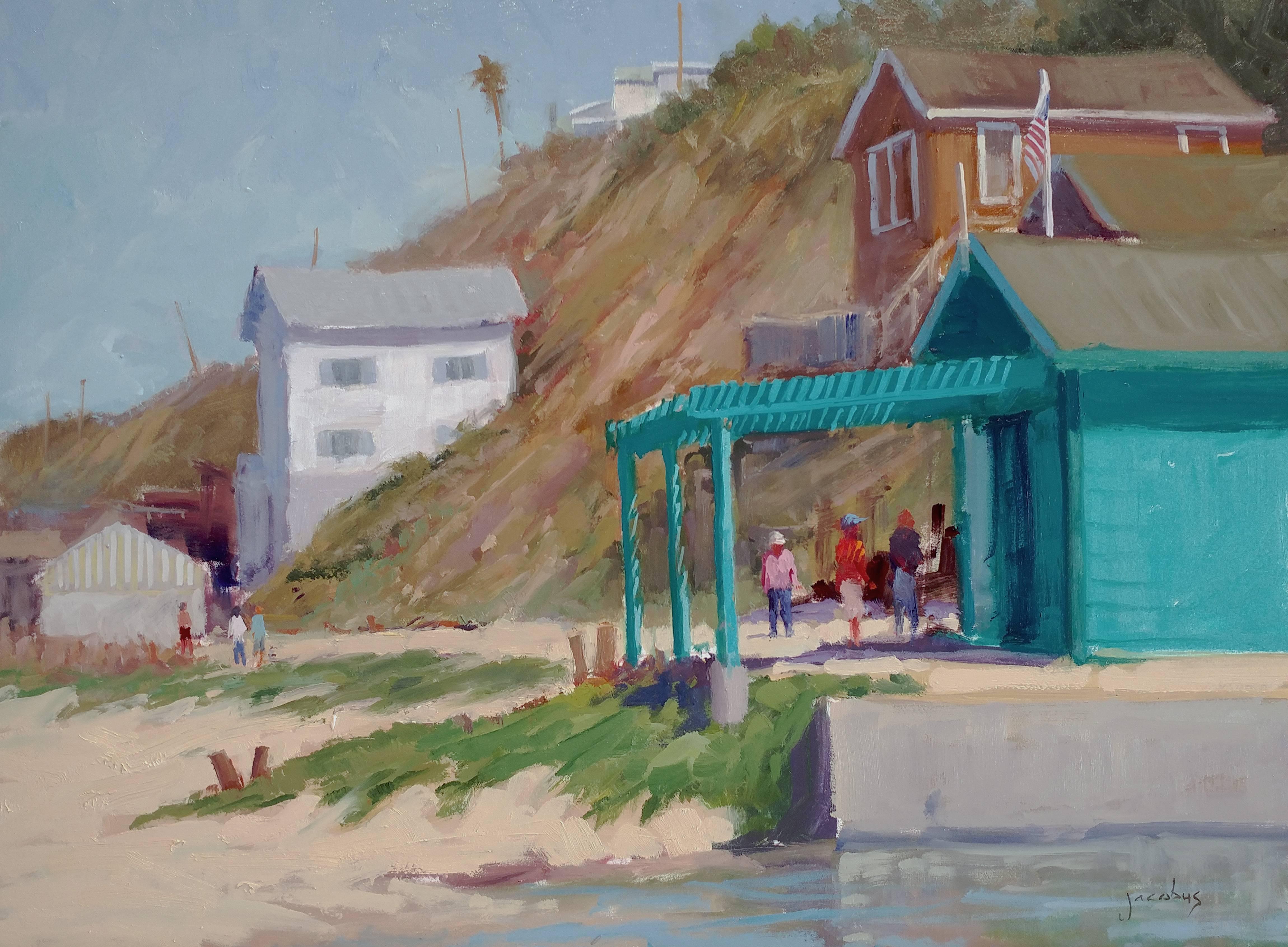 A sunny oil painted on location in Crystal Cove by noted California artist Jacobus Baas, this plein air painting "Waiting For Lunch" exhibits the subtle touch and beautiful light that the artist is known for.  Capturing the clarity of the coastal