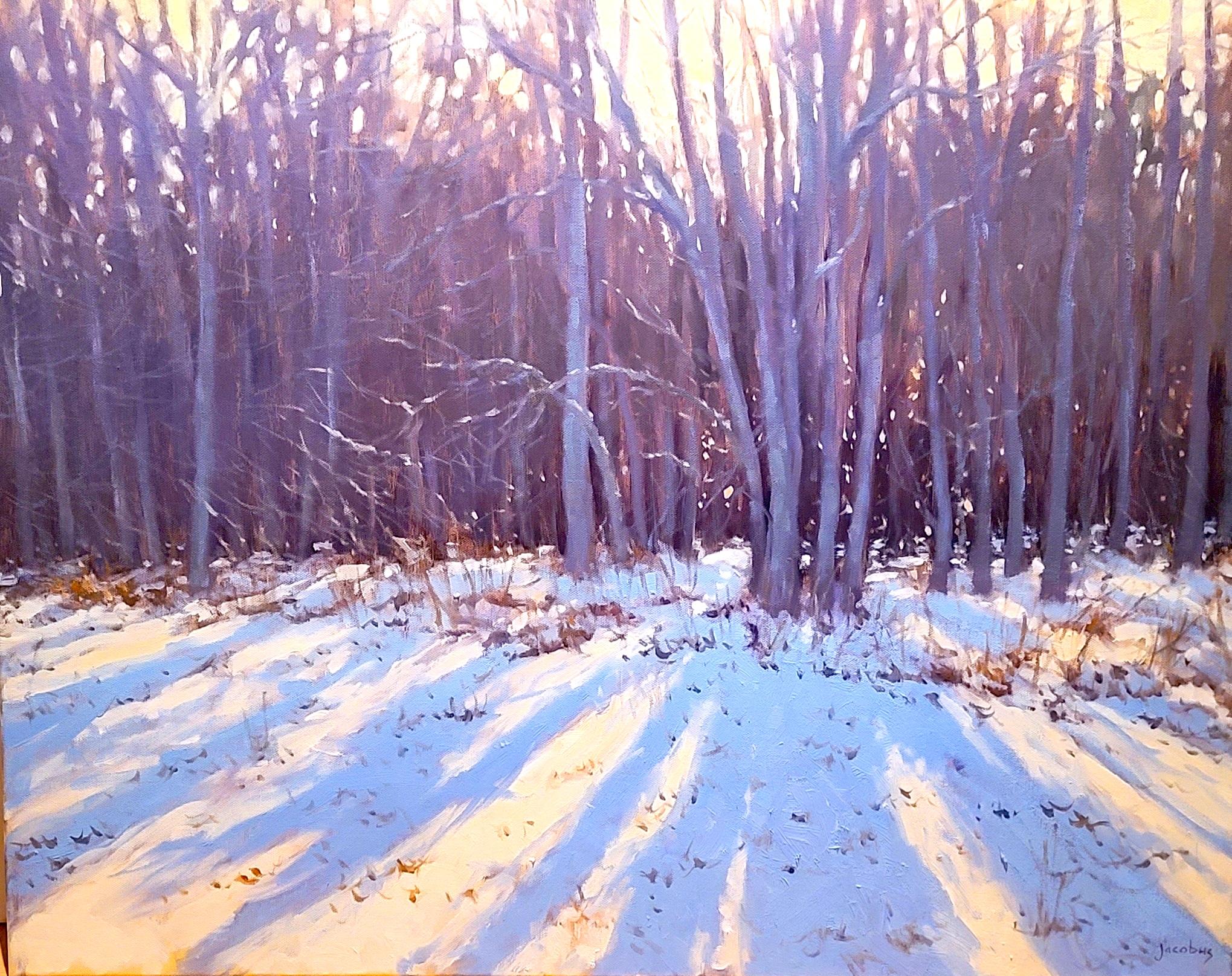 Landscape Painting de Jacobus Baas - "Sombras de árboles en invierno" Escena nevada de Maine
