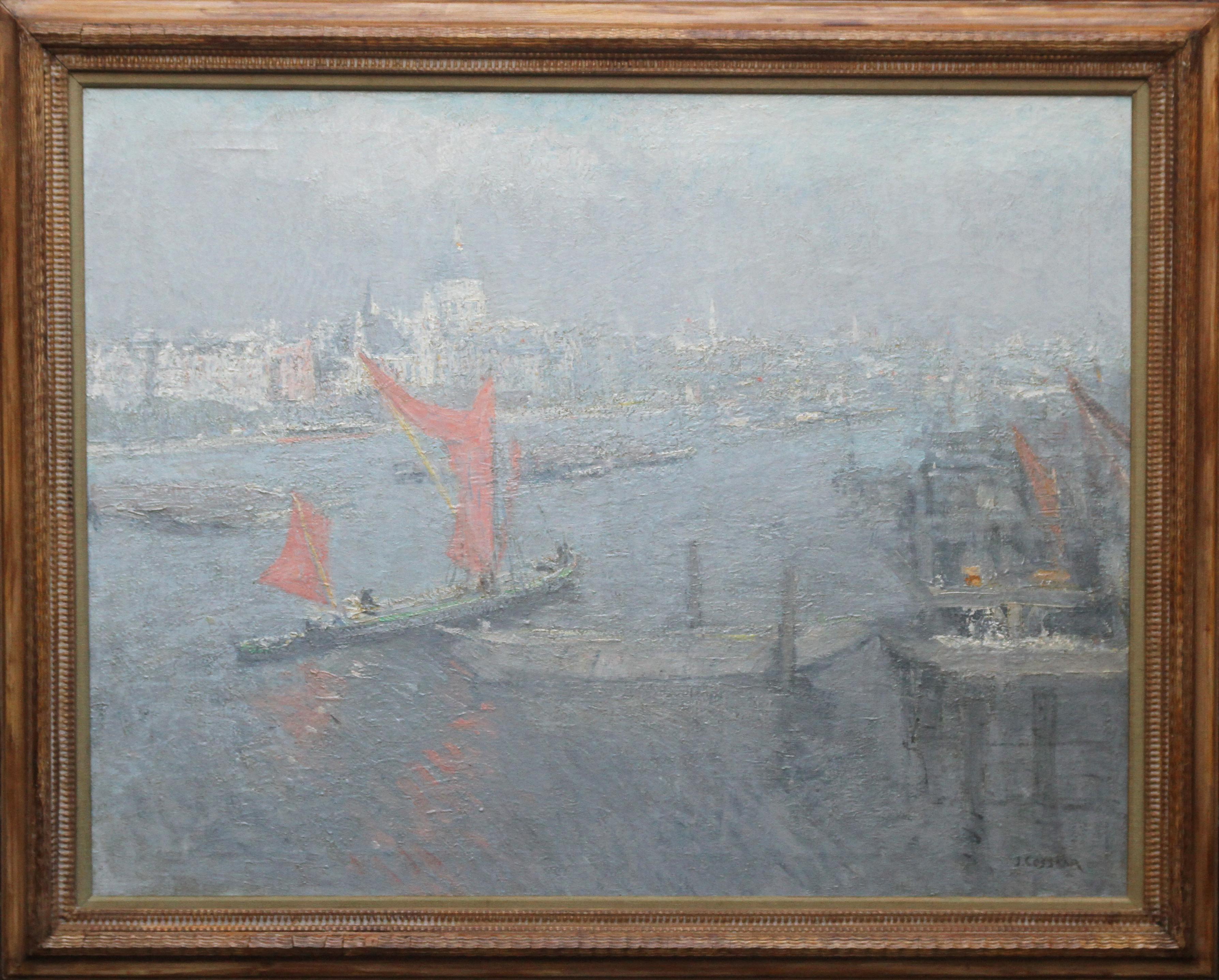 Jacobus Cossaar Landscape Painting - London St Paul's from the Thames - Impressionist 1920s landscape oil painting