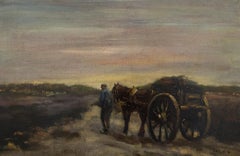 Jacobus Doeser (1884-1970) - Olio del primo Novecento, Cavallo e carro al tramonto