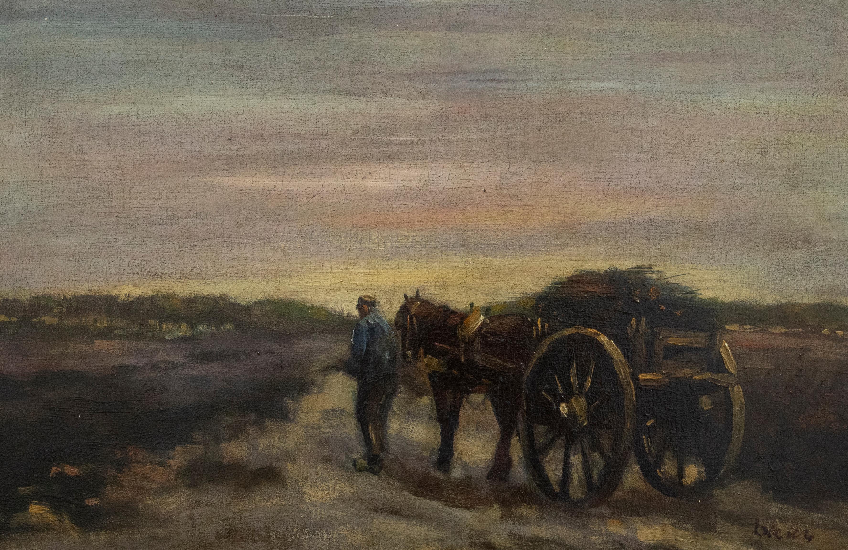 An atmospheric oil landscape by the prolific dutch artist Jacobus Doeser (1884-1970). The scene depicts a farmer on his way home at dusk, with loaded cart and loyal horse. The painting is indistinctly signed to the lower right and bears a later