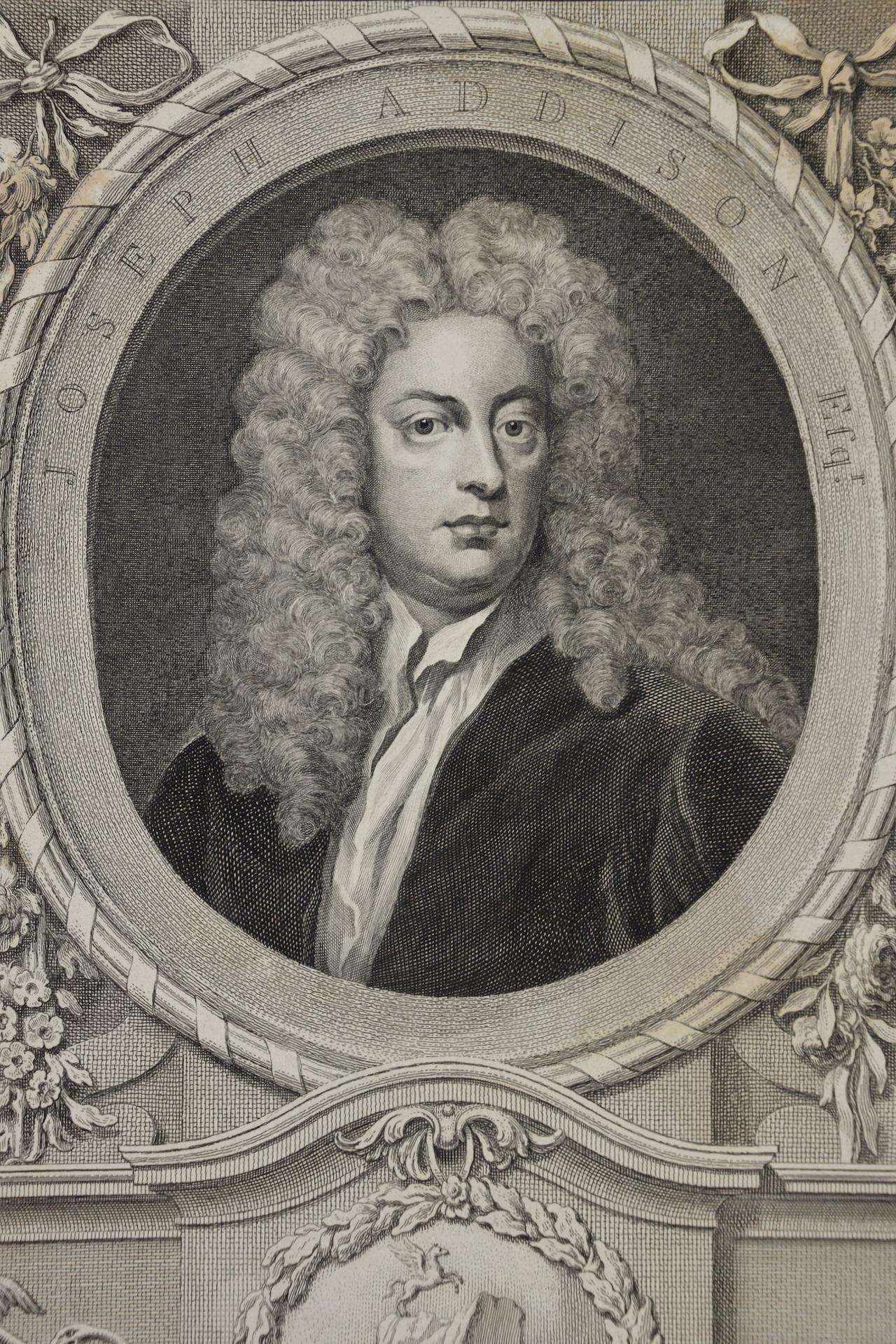 Joseph Addison: 18th C. Portrait of Philosopher, Poet, Playwright and Politician - Print by Jacobus Houbraken