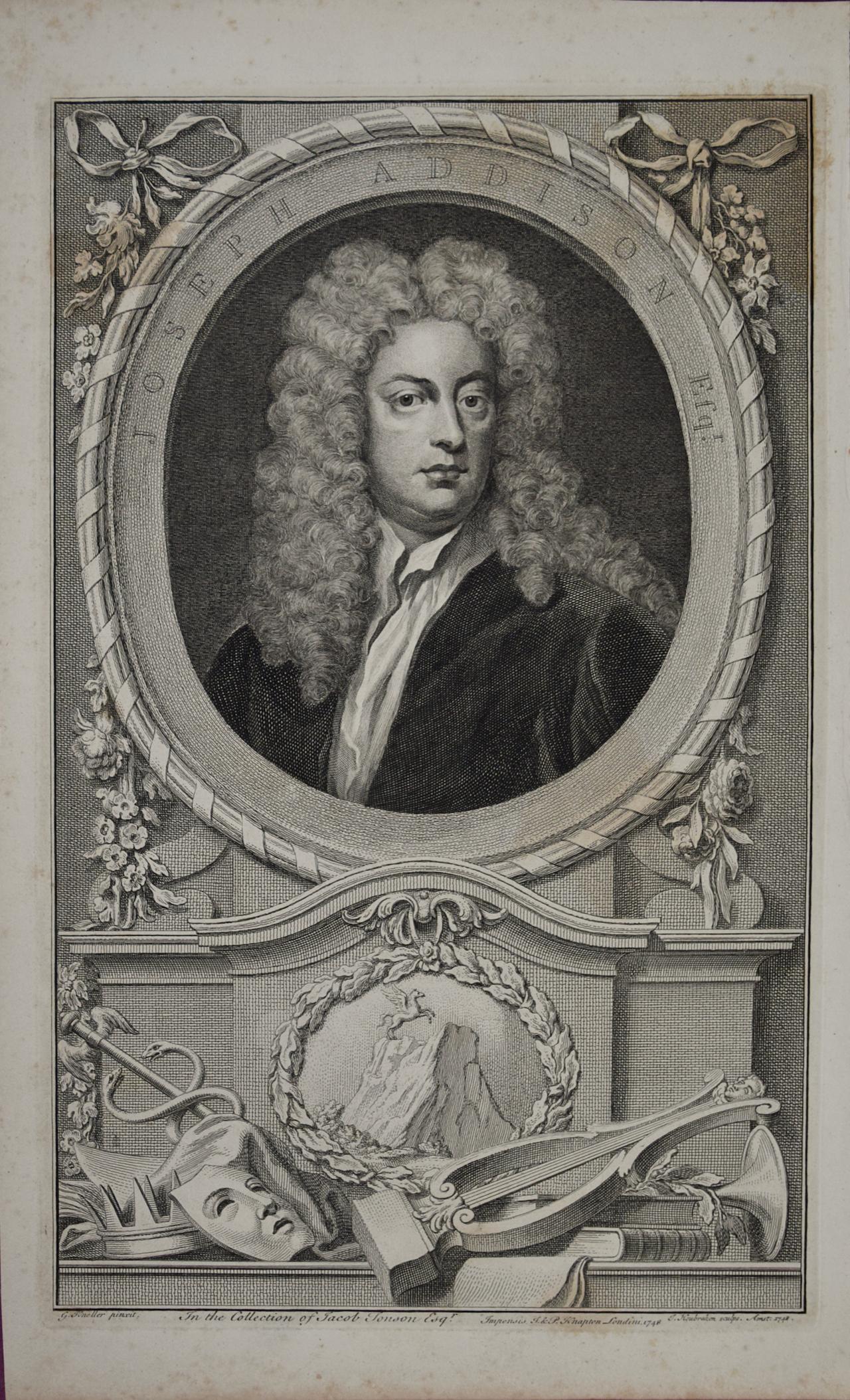 Jacobus Houbraken Portrait Print - Joseph Addison: 18th C. Portrait of Philosopher, Poet, Playwright and Politician