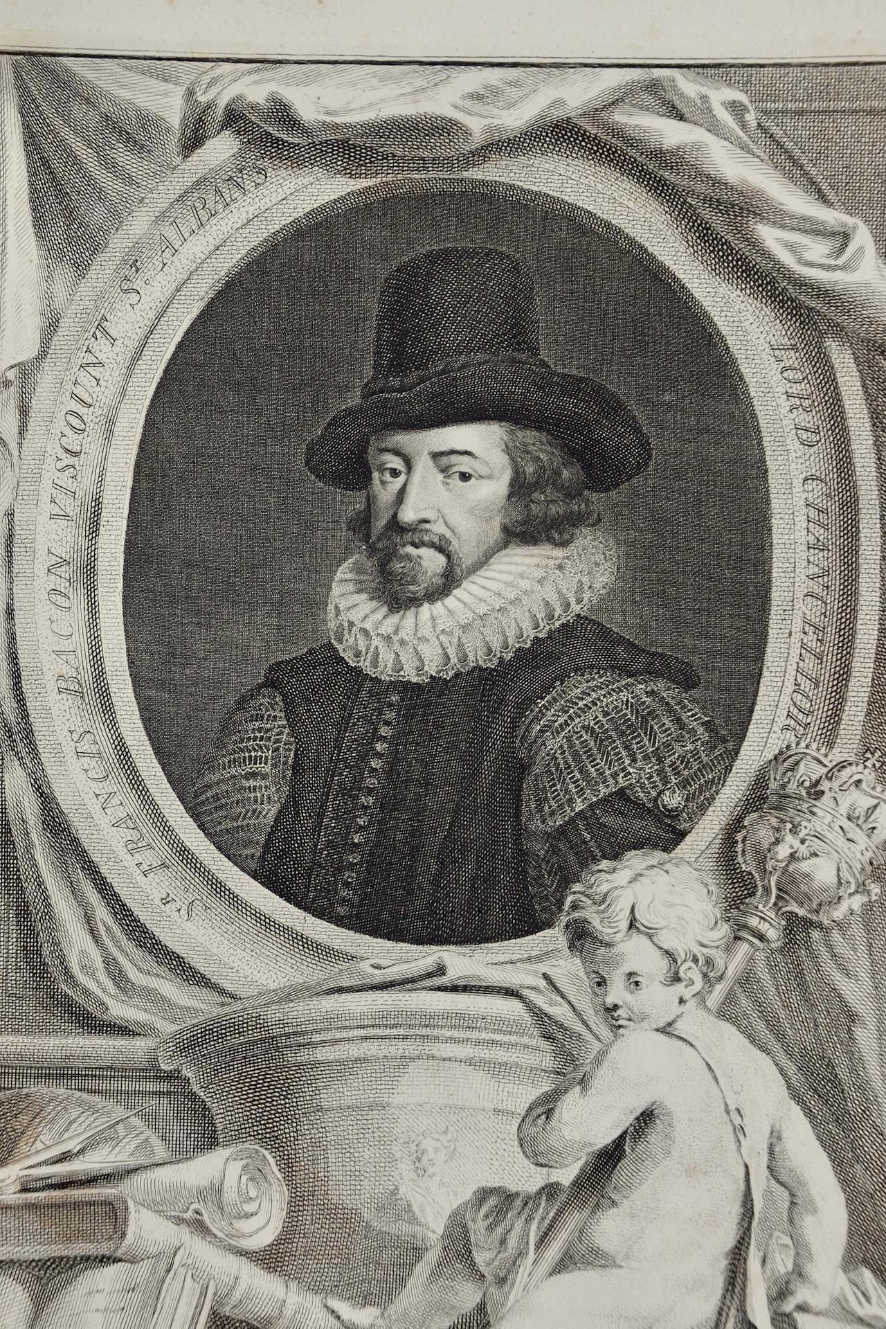 Sir Francis Bacon: 18th C. Portrait of Philosopher, Scientist, Author, Statesman - Print by Jacobus Houbraken