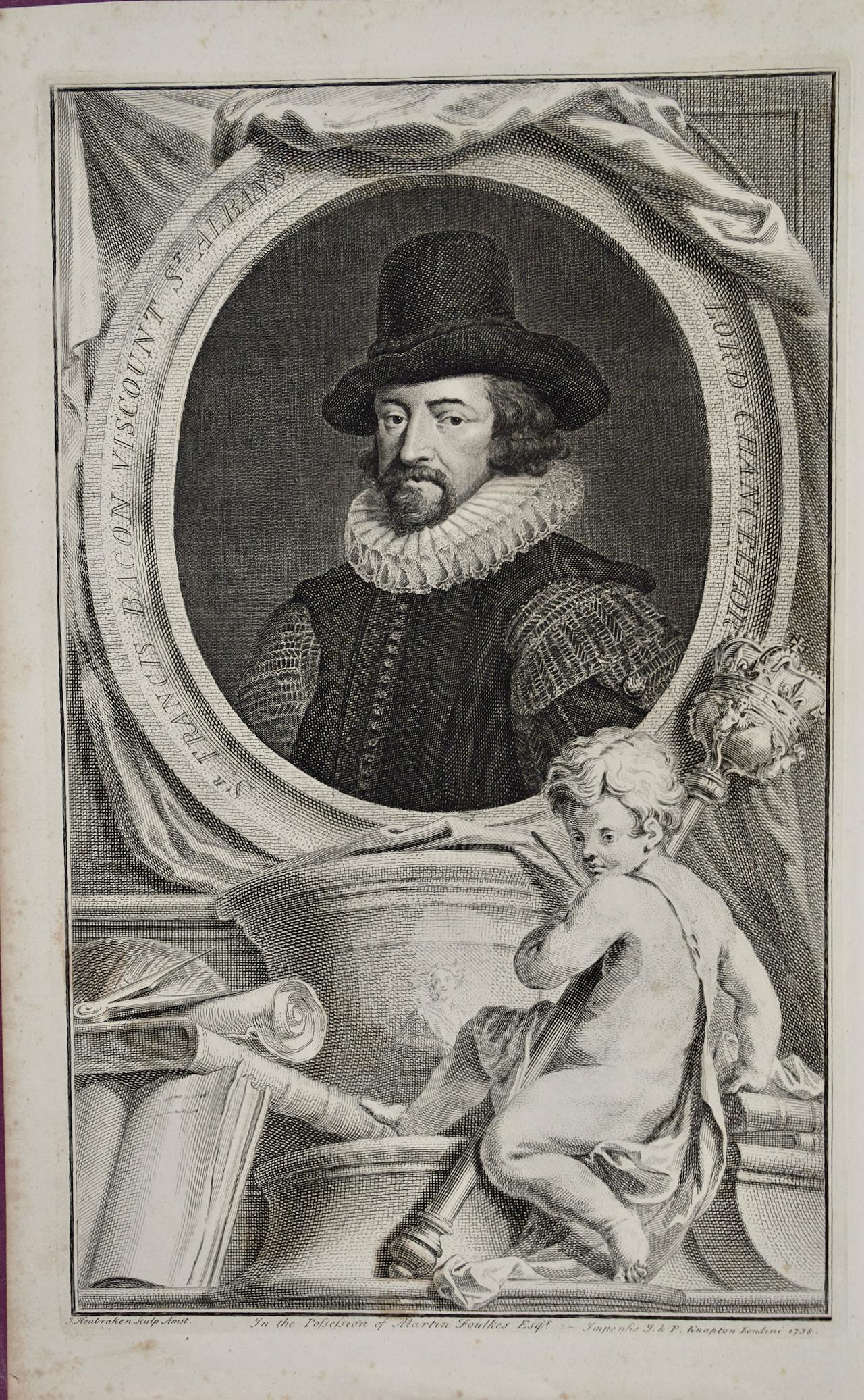 Jacobus Houbraken Portrait Print - Sir Francis Bacon: 18th C. Portrait of Philosopher, Scientist, Author, Statesman