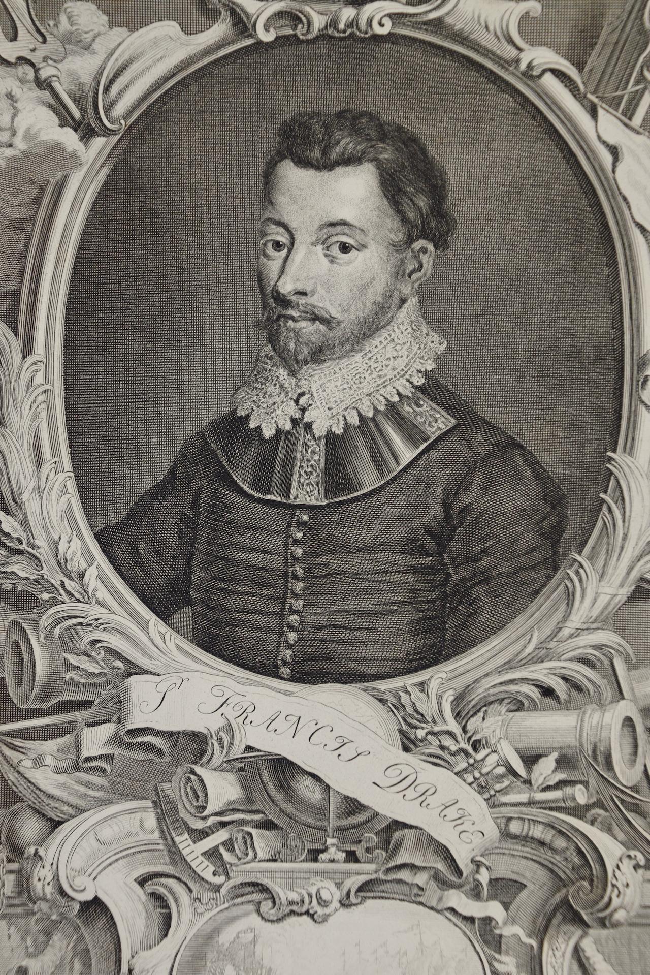 Porträt von Sir Francis Drake aus dem 18. Jahrhundert, Navigator, Privatmann, Politiker – Print von Jacobus Houbraken