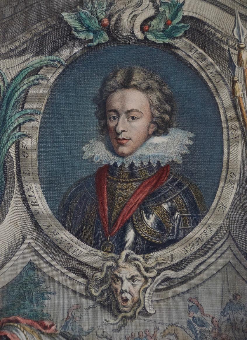 Handkoloriertes Houbraken-Porträt von „Henry, Prinz von Wales, Sohn von James“  (Naturalismus), Print, von Jacobus Houbraken