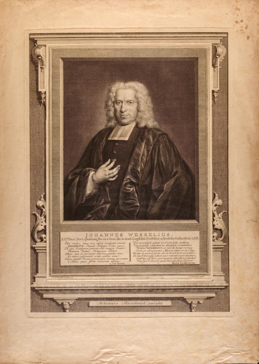 Johannes Wesselius Portrait: An 18th Century Engraving/Etching by Houbraken - Print by Jacobus Houbraken