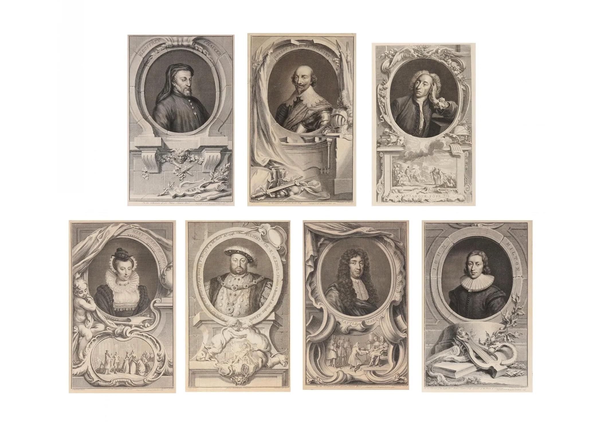 Jacobus Houbraken (Dutch, 1698-1780), Seven Portraits From Heads of Illustrious Persons of Great Britain

Each an engraving on laid or wove paper, published 1743 to 1752, includes Geoffrey Chaucer, Henry VIII, Mary Queen of Scots, Savile Marquis,