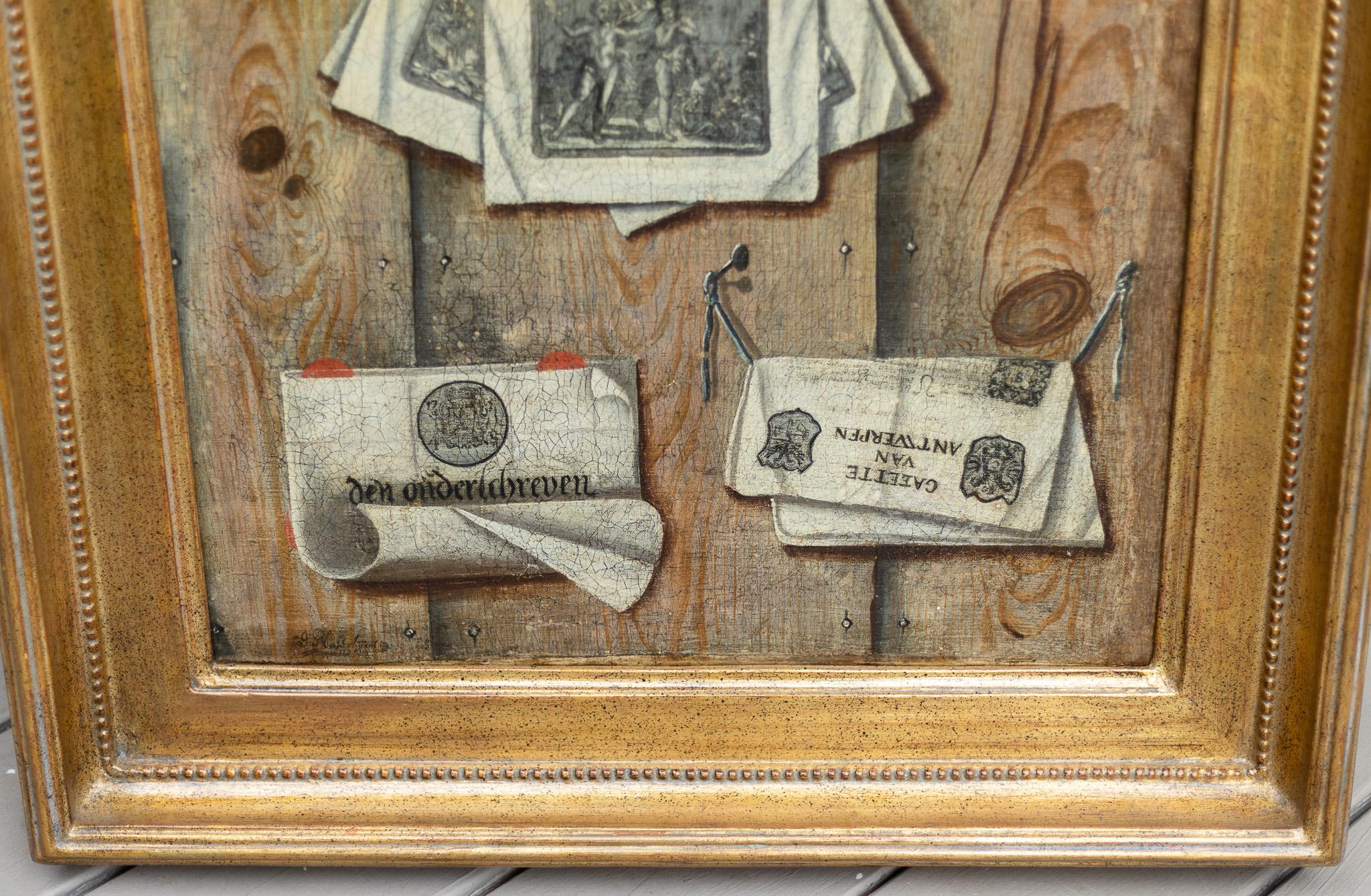 This historical painting by Plasschaert in his classic trompe l'oeil style portrays documents and printed items on a wooden wall. This painting was created in 1741, making it 281 years old. It's framed in a flattering gold painted wooden 28