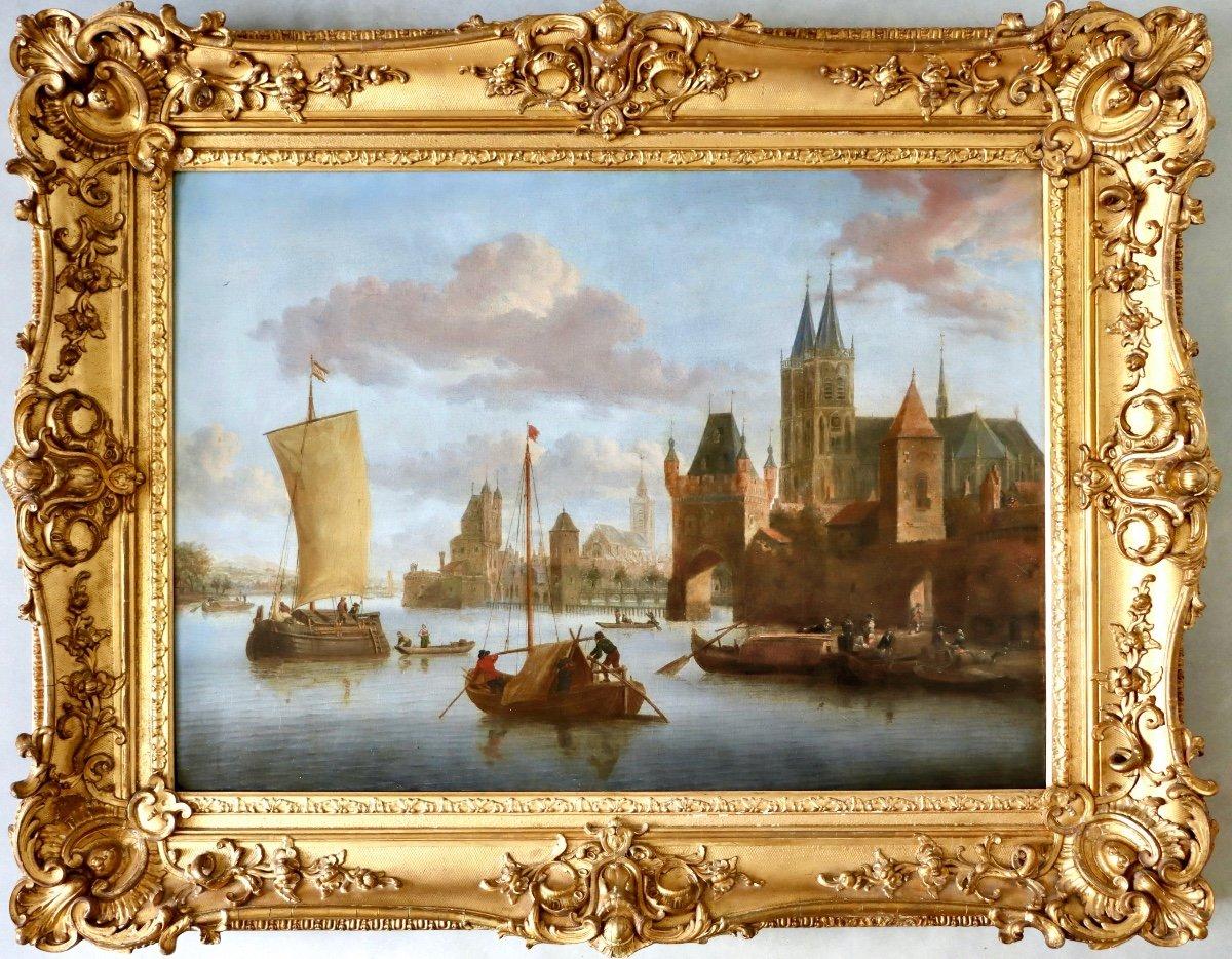 Jacobus Storck Figurative Painting - 17th century Dutch Old Master painting - Riverscape along the Rhine river