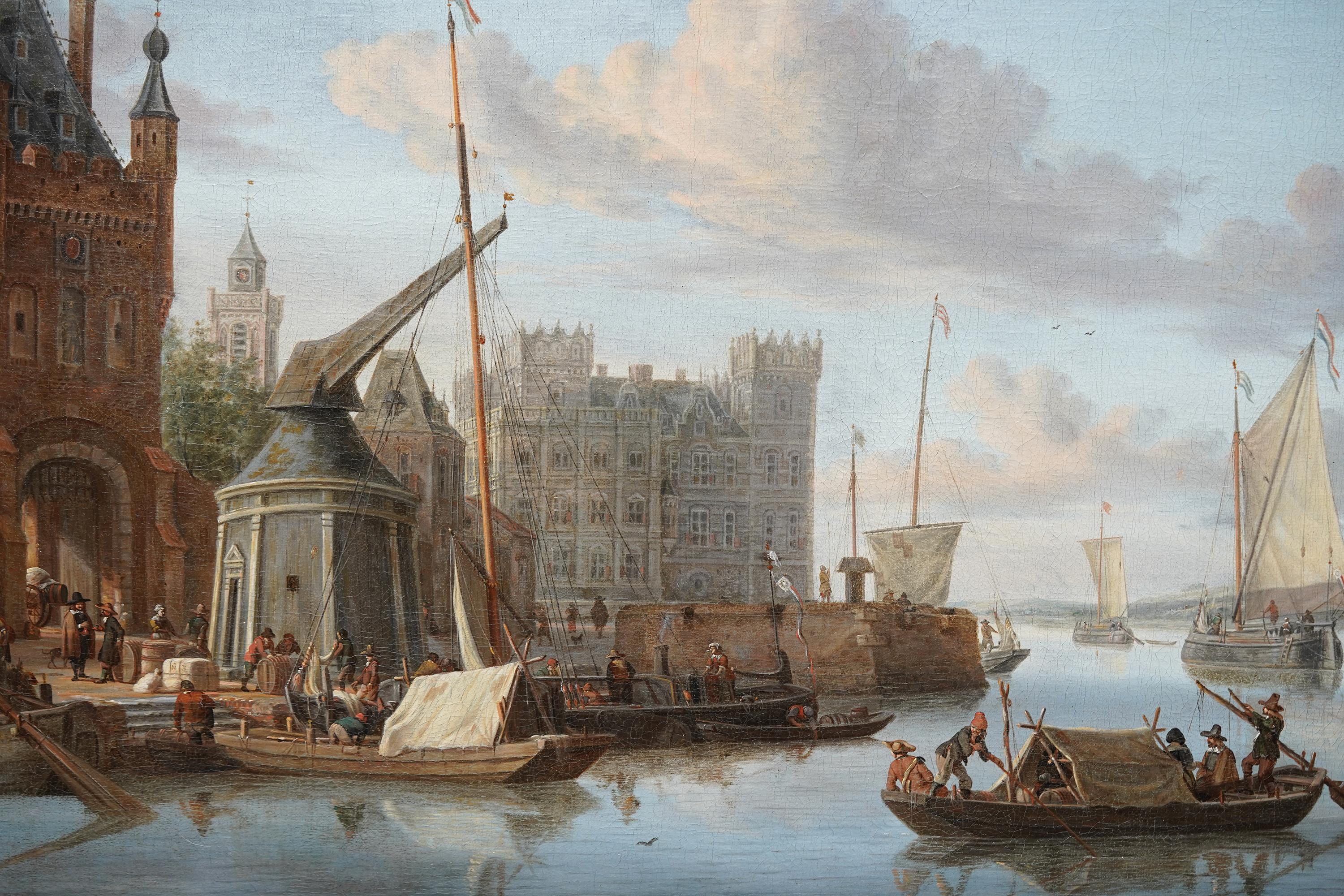 Scène de port d'Amsterdam avec personnages Peinture à l'huile de marine hollandaise du 17e siècle en vente 6