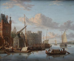 Scène de port d'Amsterdam avec personnages Peinture à l'huile de marine hollandaise du 17e siècle