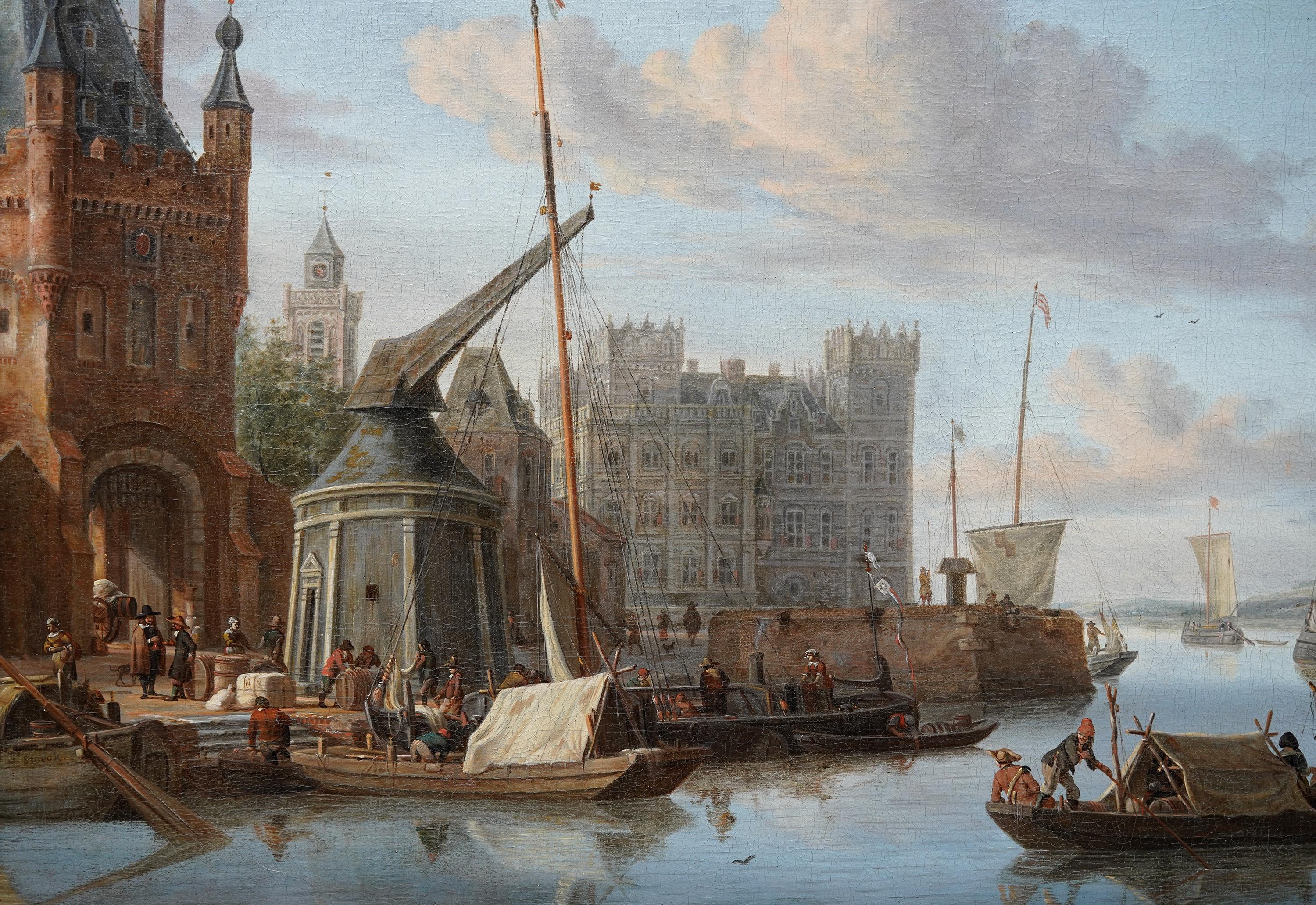 Scène de port d'Amsterdam avec personnages Peinture à l'huile de marine hollandaise du 17e siècle - Maîtres anciens Painting par Jacobus Storck