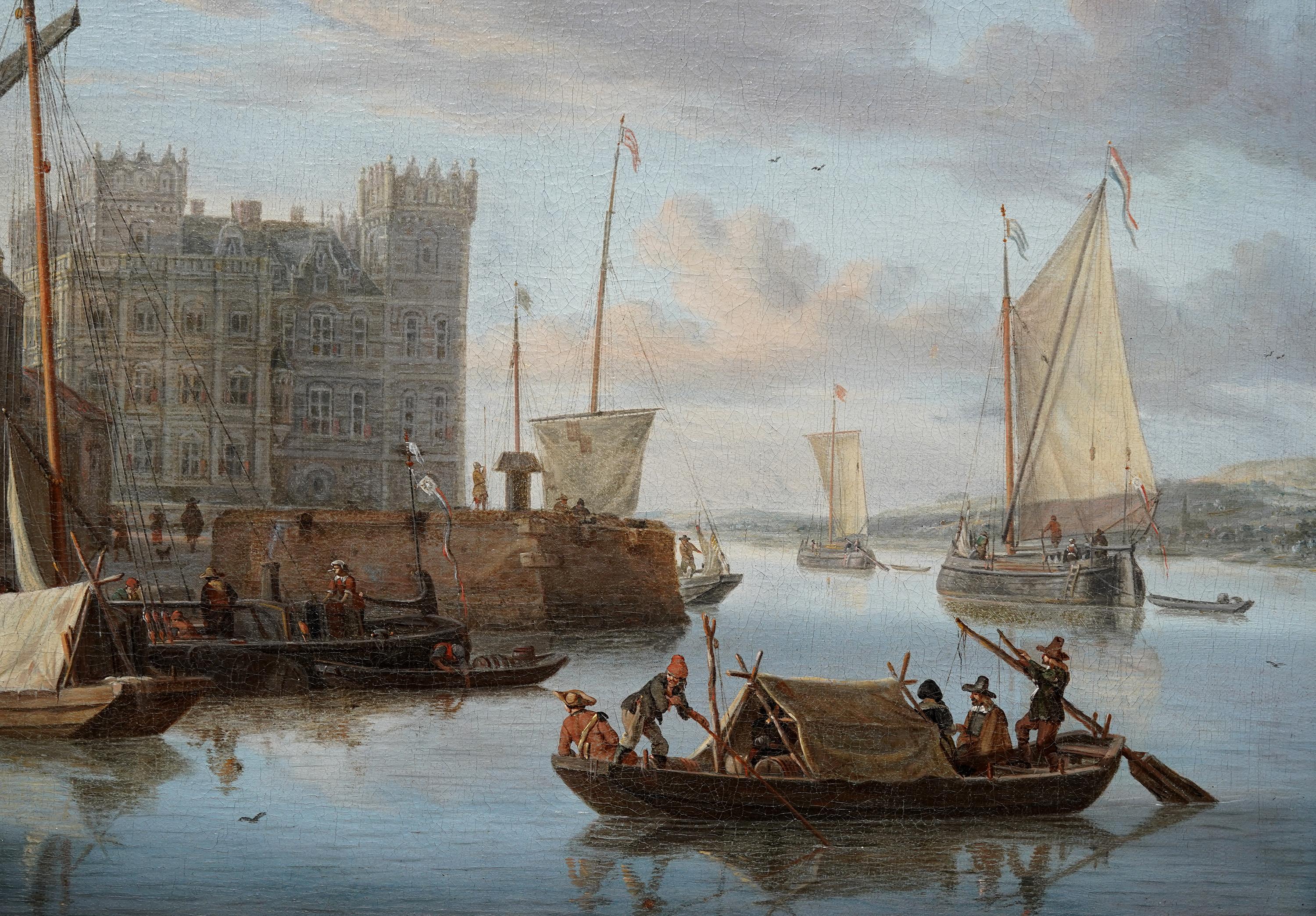 Cette superbe peinture à l'huile hollandaise du 17e siècle de l'Âge d'or, représentant un paysage urbain d'Amsterdam, est l'œuvre de l'artiste Jacobus Storck. Peinte vers 1670, la composition est une scène portuaire hollandaise d'Amsterdam avec des
