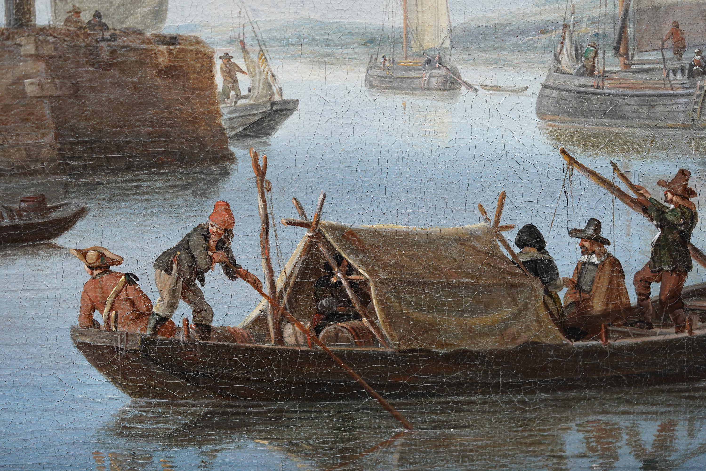 Scène de port d'Amsterdam avec personnages Peinture à l'huile de marine hollandaise du 17e siècle en vente 1