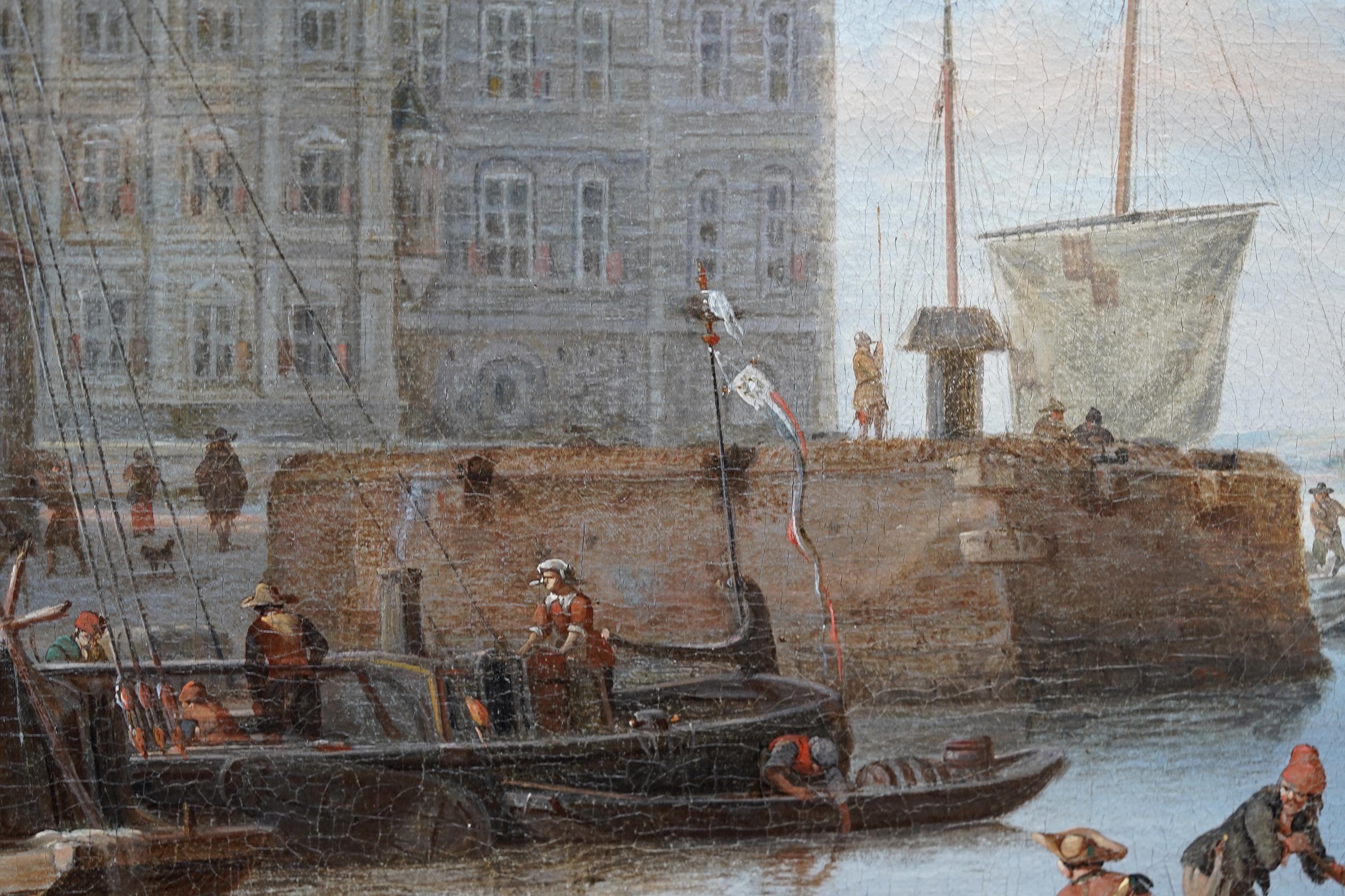 Scène de port d'Amsterdam avec personnages Peinture à l'huile de marine hollandaise du 17e siècle en vente 2