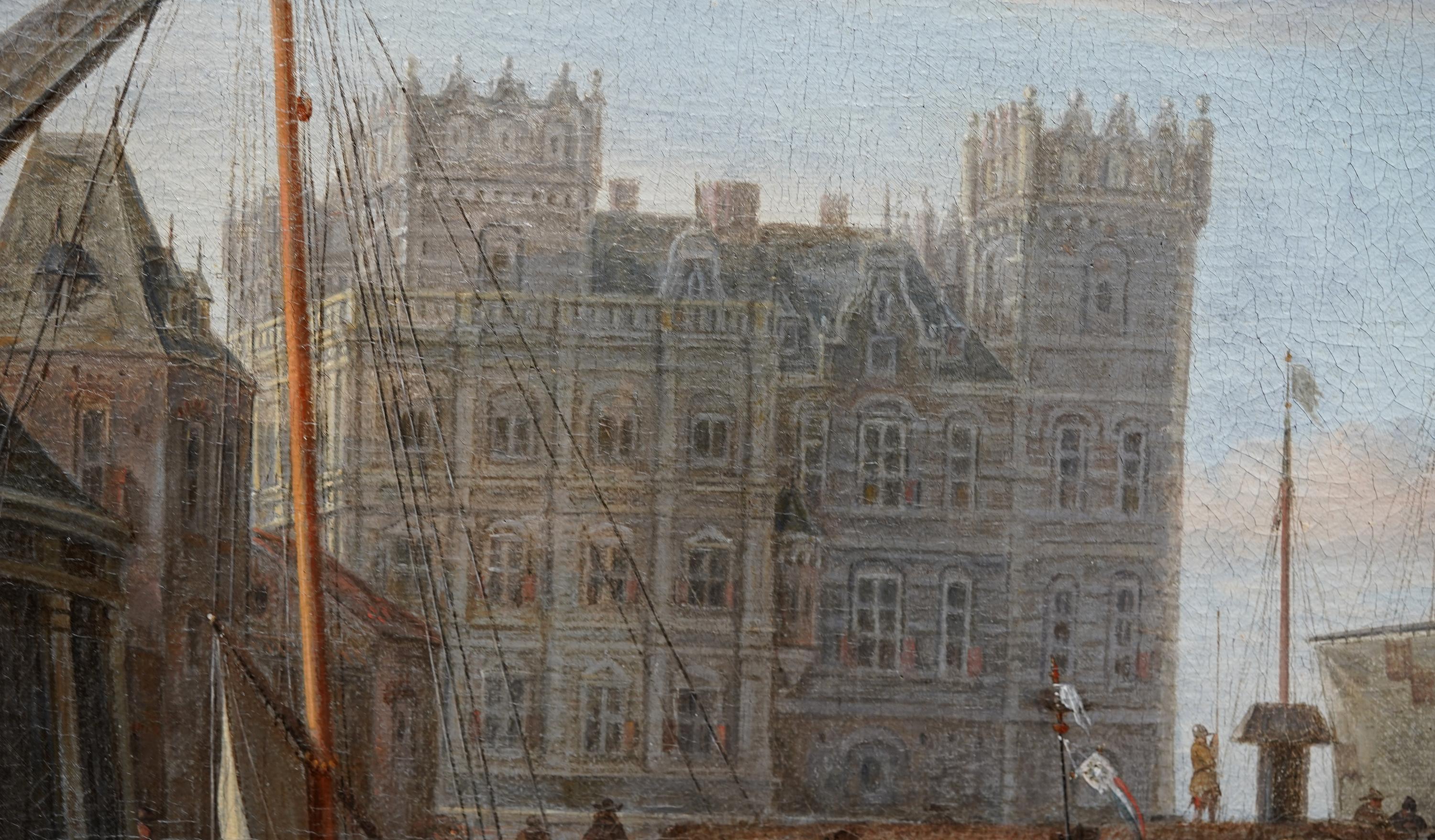 Amsterdam Harbour Scene with Figures Dutch 17th Century art marine oil painting - Gray Figurative Painting by Jacobus Storck