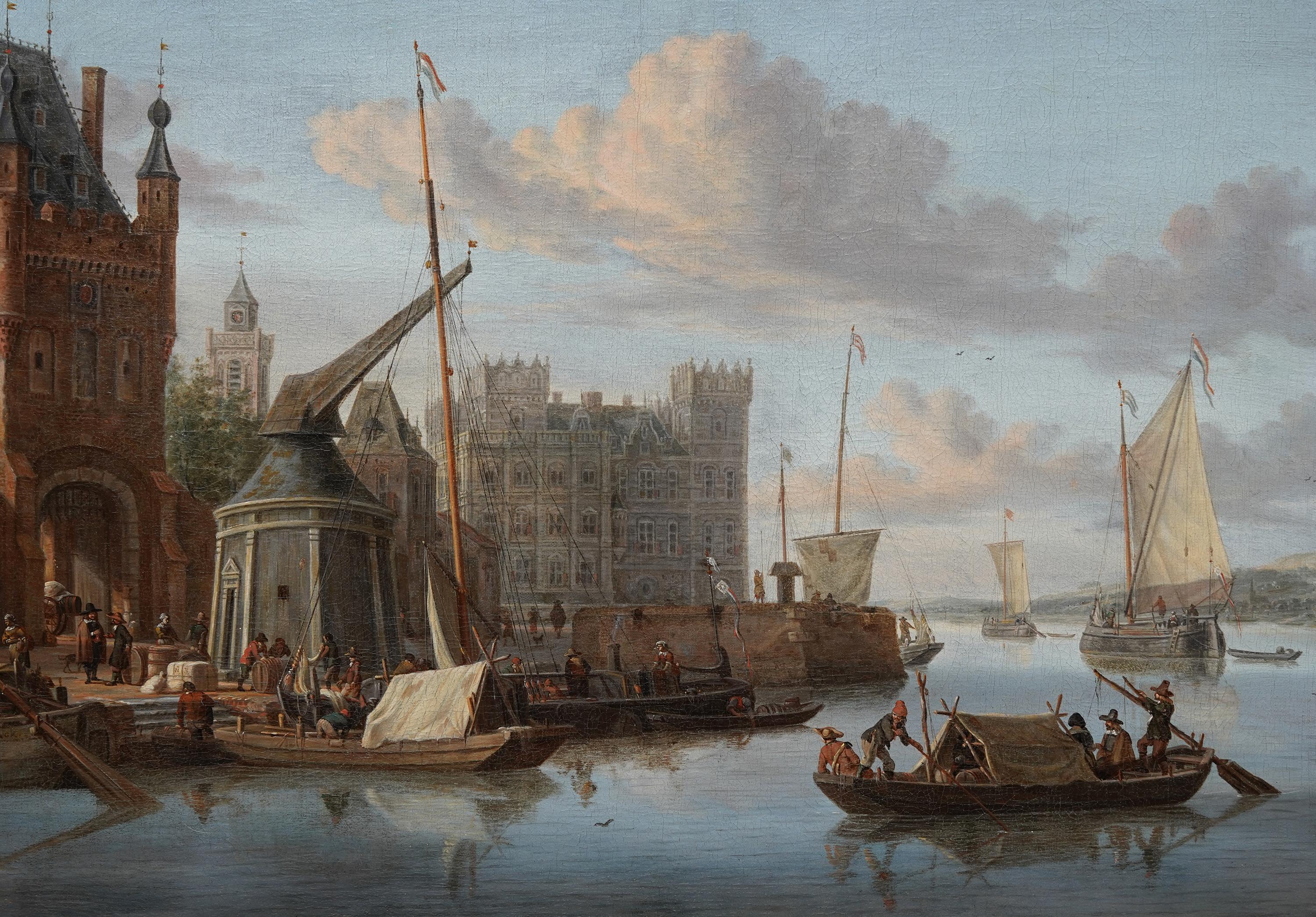 Scène de port d'Amsterdam avec personnages Peinture à l'huile de marine hollandaise du 17e siècle en vente 5