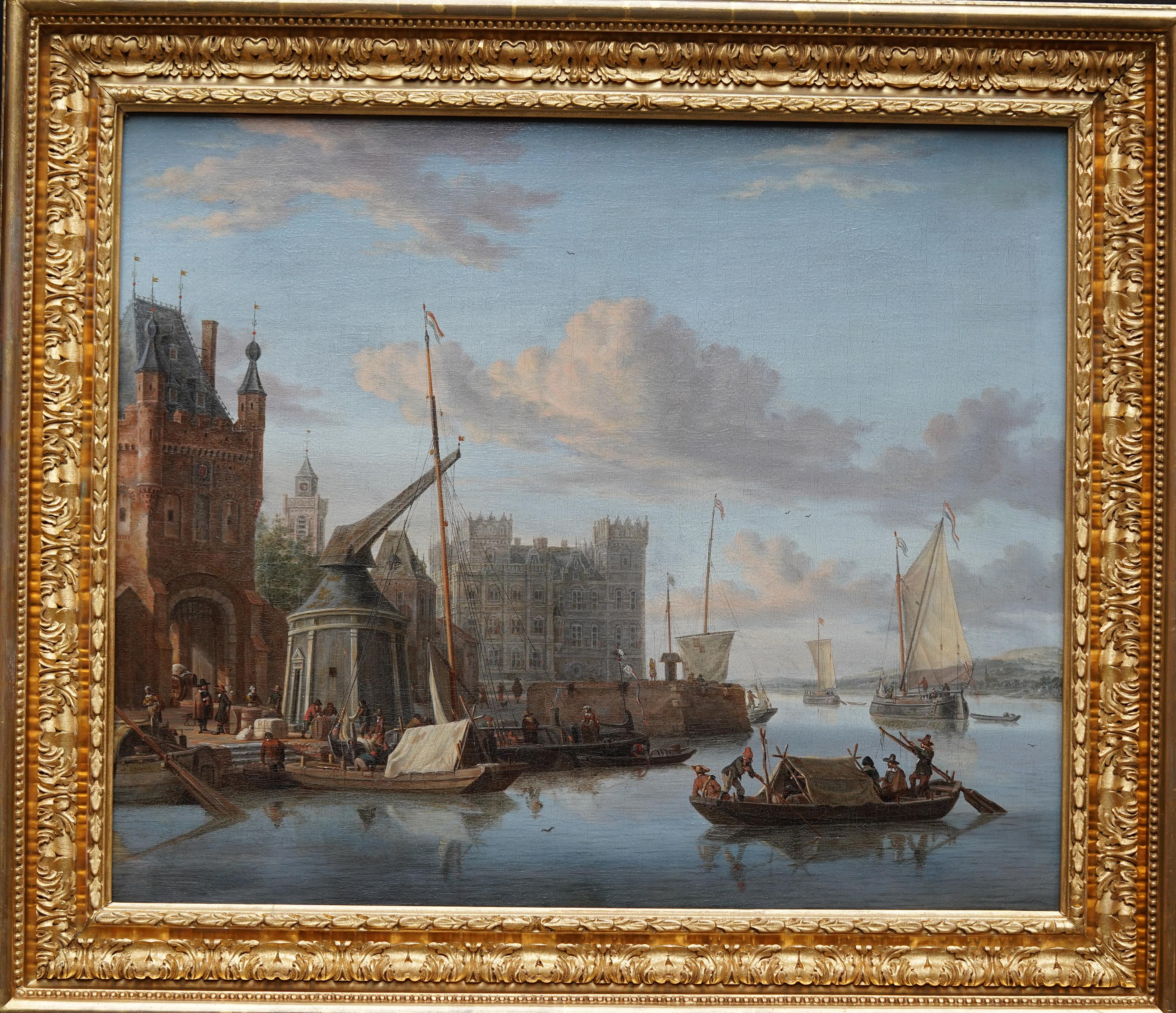 Figurative Painting Jacobus Storck - Scène de port d'Amsterdam avec personnages Peinture à l'huile de marine hollandaise du 17e siècle