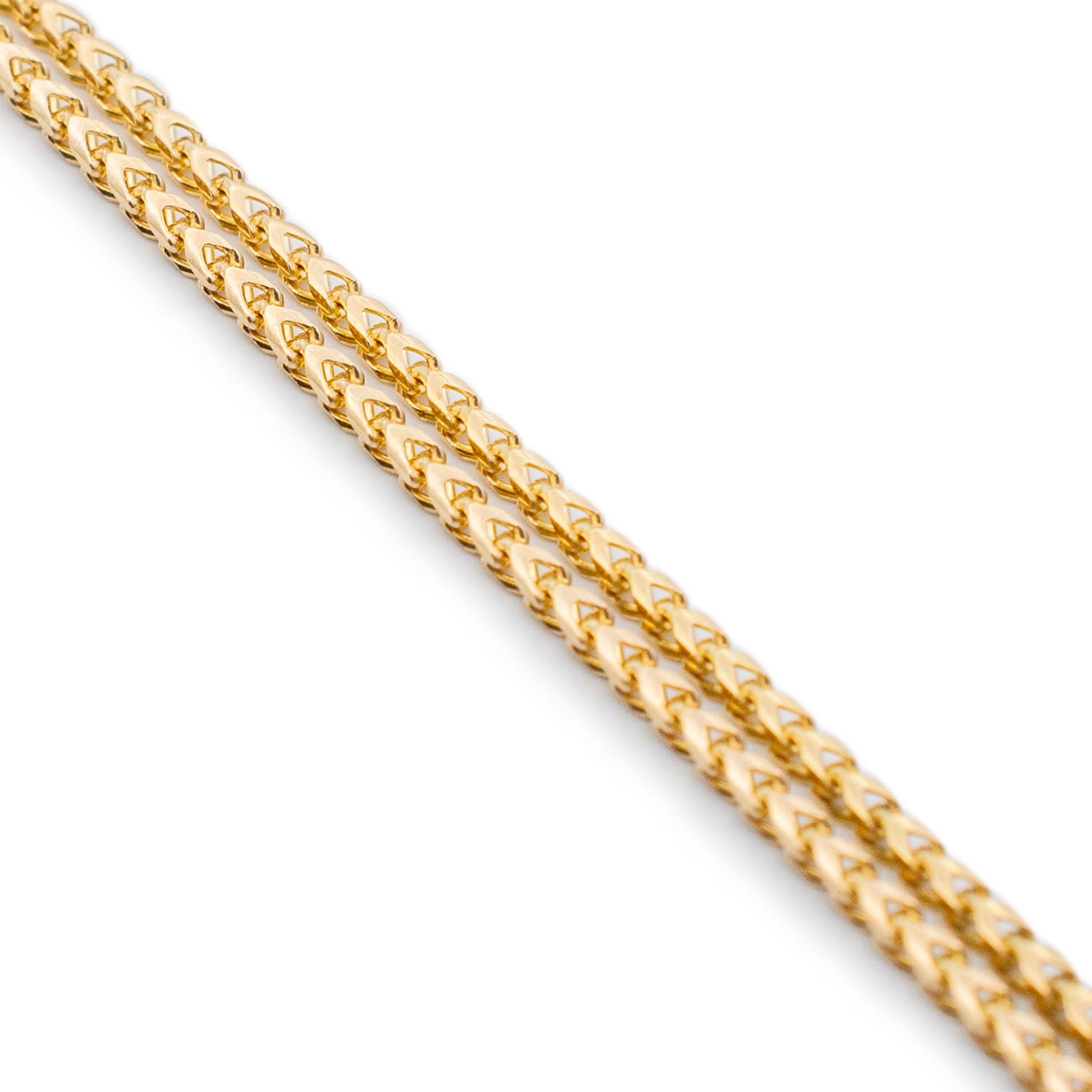 Brand: Jacoje

Gender: Ladie 's

Metal Type: 14K yellow gold

Length: 22.00 inches

Width: 1.05 mm

Weight: 3.80 grams

14K yellow gold foxtail link chain. The chain measures approximately 22.00 inches in length by 1.05 mm in width and weighs a