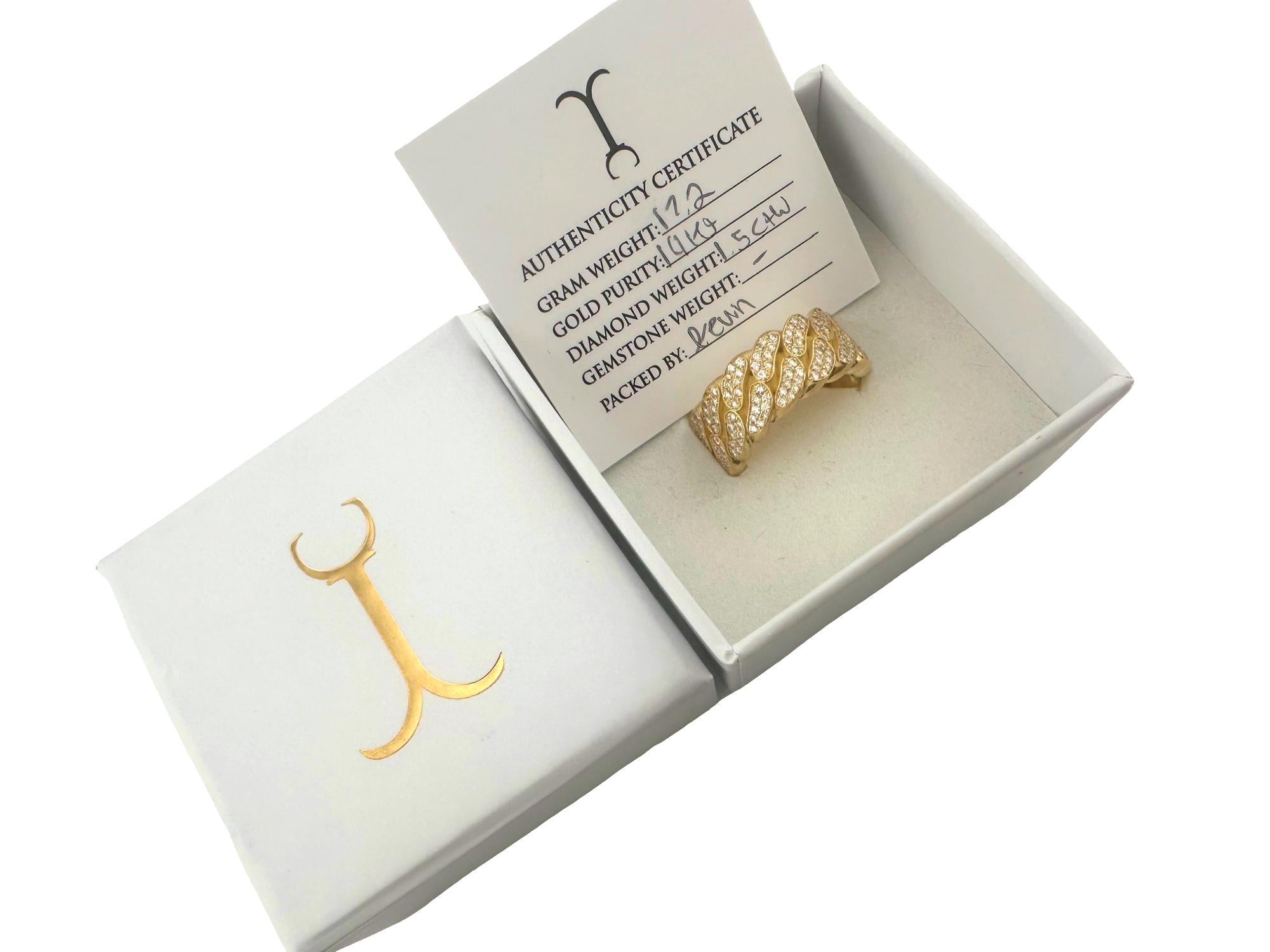 JACOJE Cuban Link Diamond Band Ring
Style:  Band
Metal:  14k Yellow Gold - 17.2 grams
Size / Measurements:  10 mm - Finger size 6.75
TCW:  1.50 tcw
Main Diamond:  252 Round Diamonds
Hallmark:  