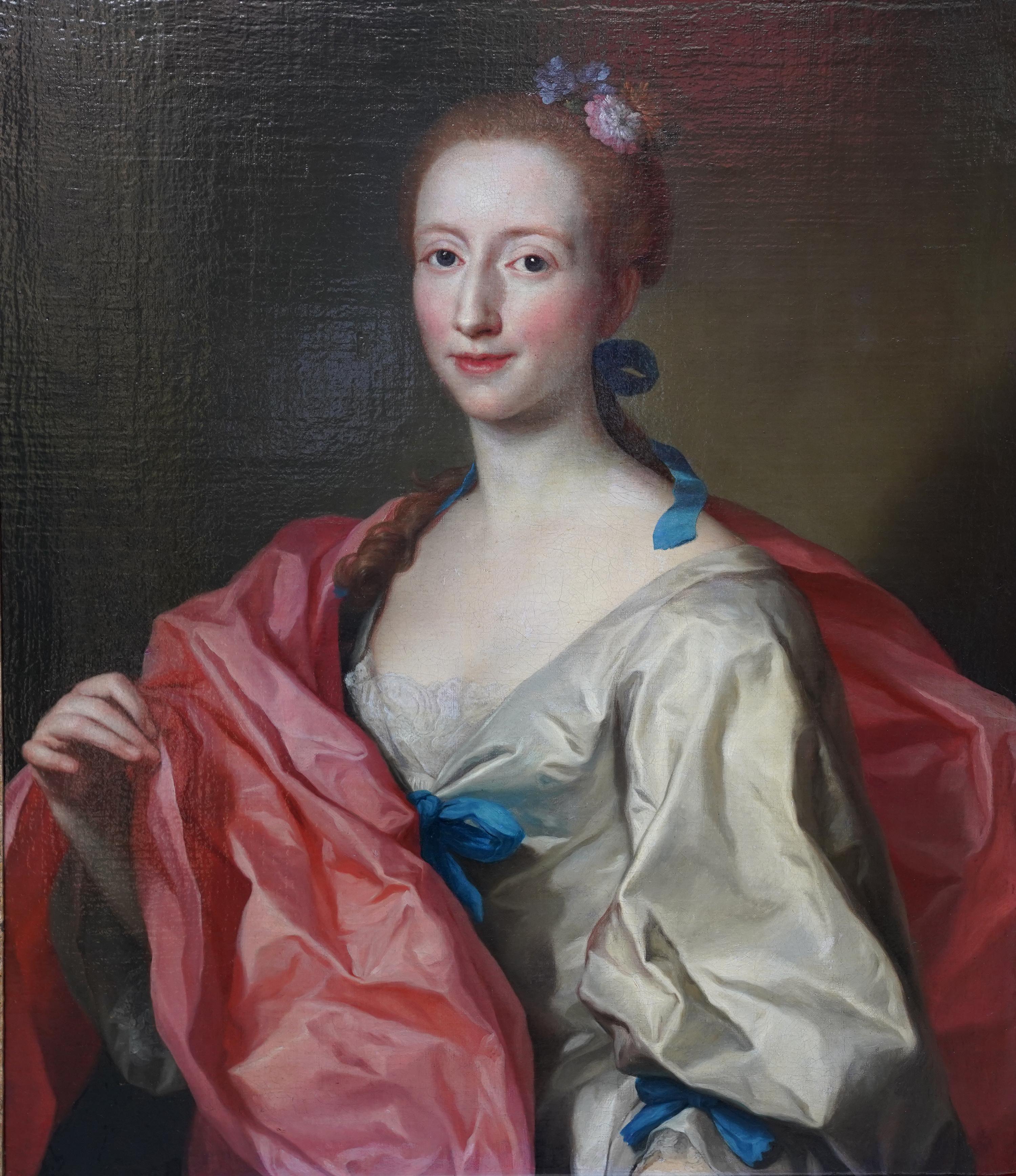 Retrato de dama con manto rosa - Pintura al óleo barroca italiana del siglo XVIII 9