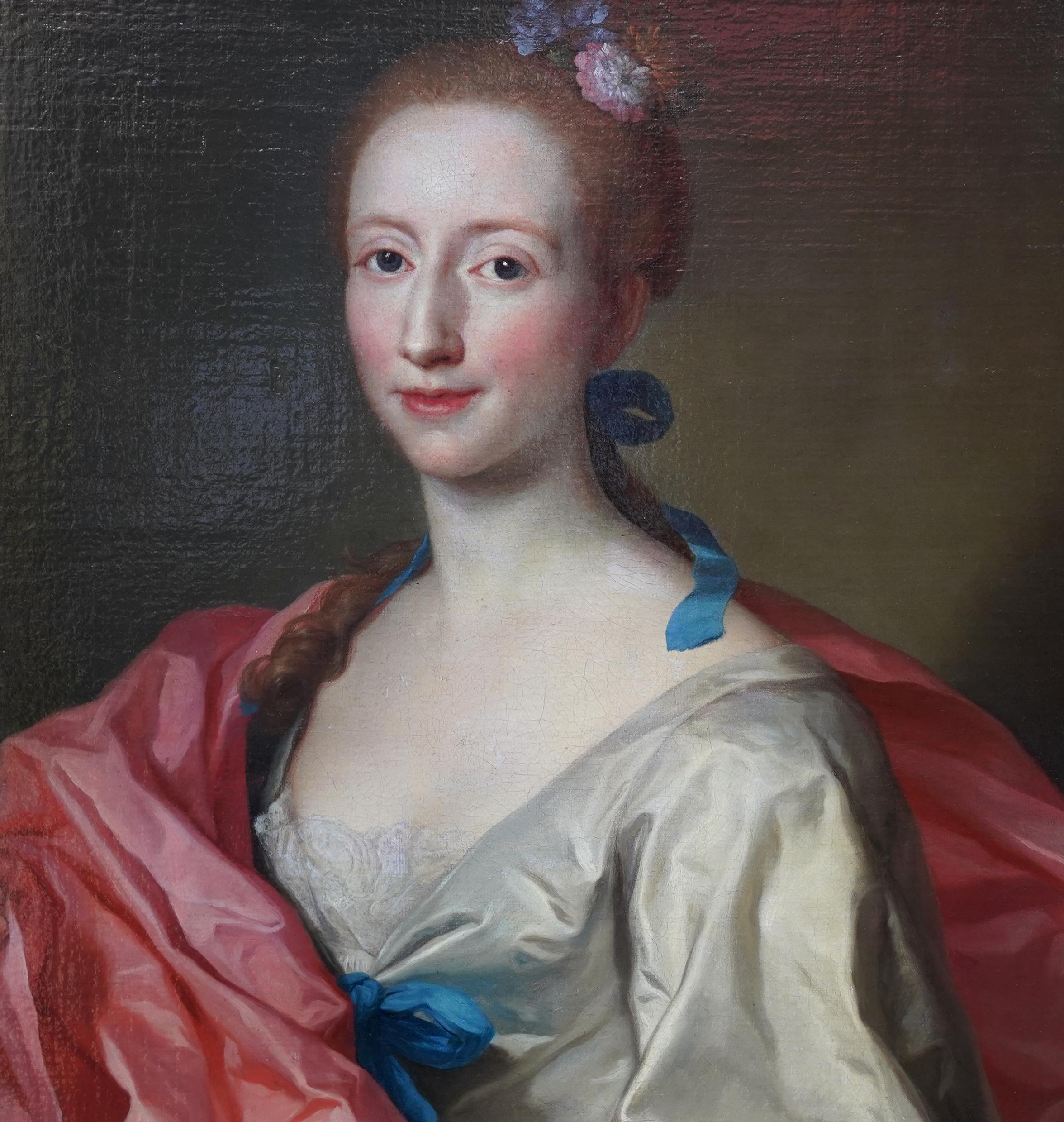 Retrato de dama con manto rosa - Pintura al óleo barroca italiana del siglo XVIII - Portrait Painting Gris de Jacopo Amigoni