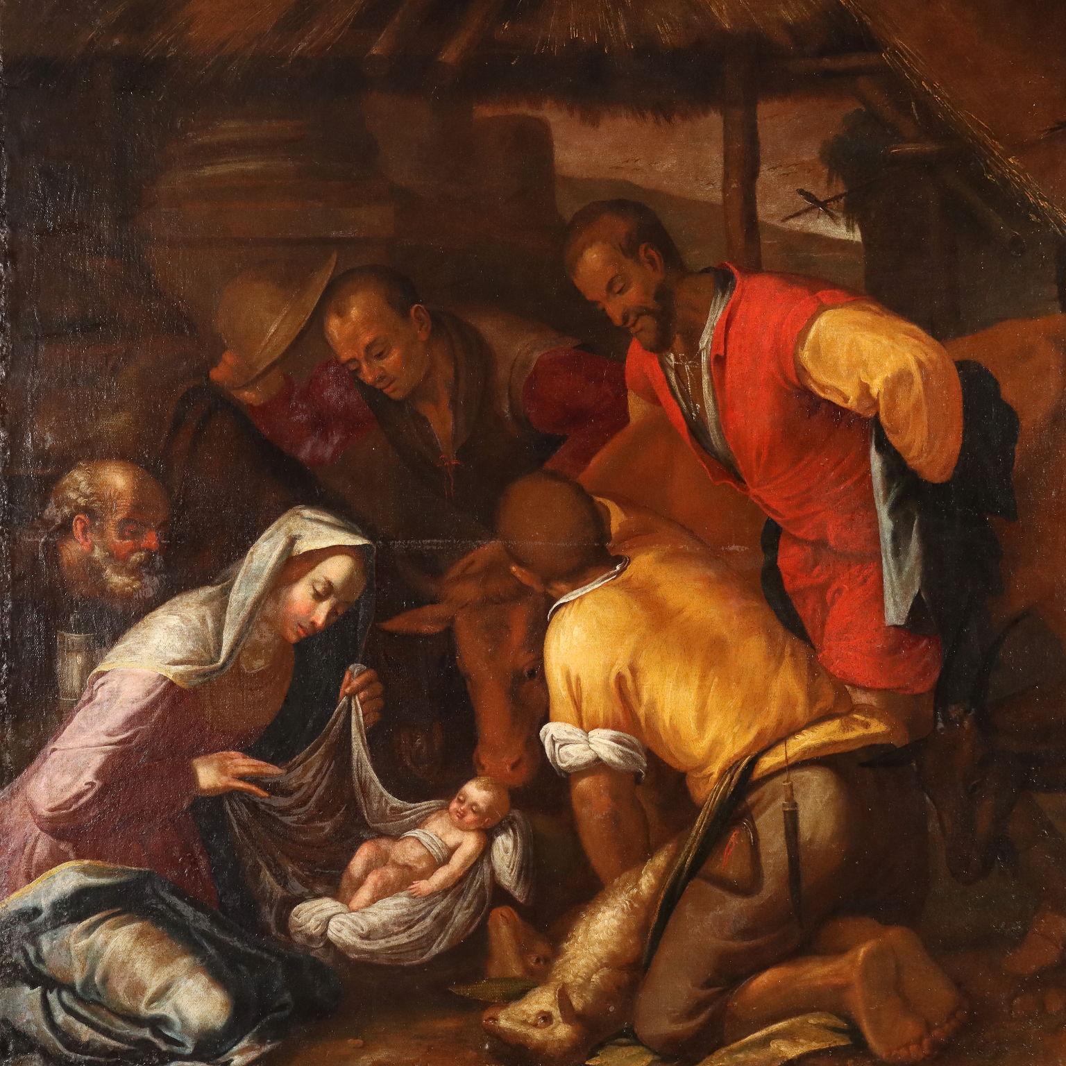 Dipinto Seguace di Jacopo da Bassano Adorazione dei Pastori XVII secolo - Painting Altro stile artistico di Jacopo Bassano