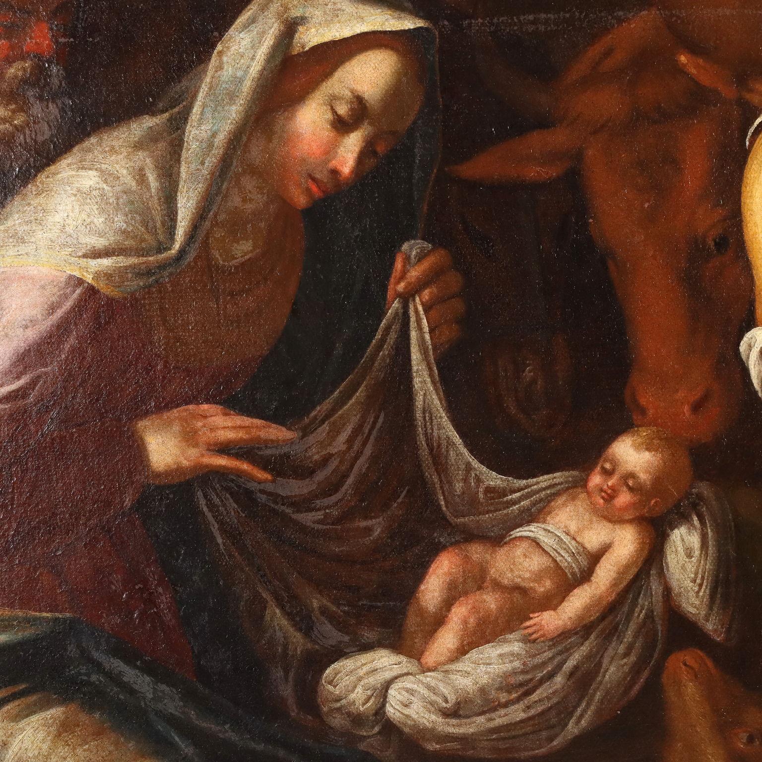 Dipinto Seguace di Jacopo da Bassano Adorazione dei Pastori XVII secolo - Figurative Painting Brown di Jacopo Bassano