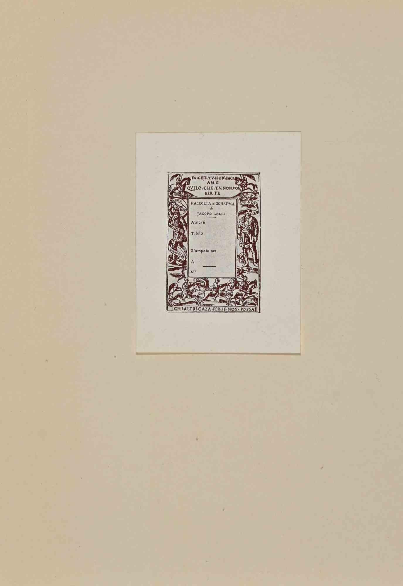 Ex Libris  - Raccolta di Scherma di Jacopo Celli is a Modern Artwork realized in early-20th century by Jacopo Celli.

Ex Libris. B/W woodcut on paper. 

The work is glued on ivory  cardboard.

Total dimensions: 20.5x 15 cm.

Good conditions.

The