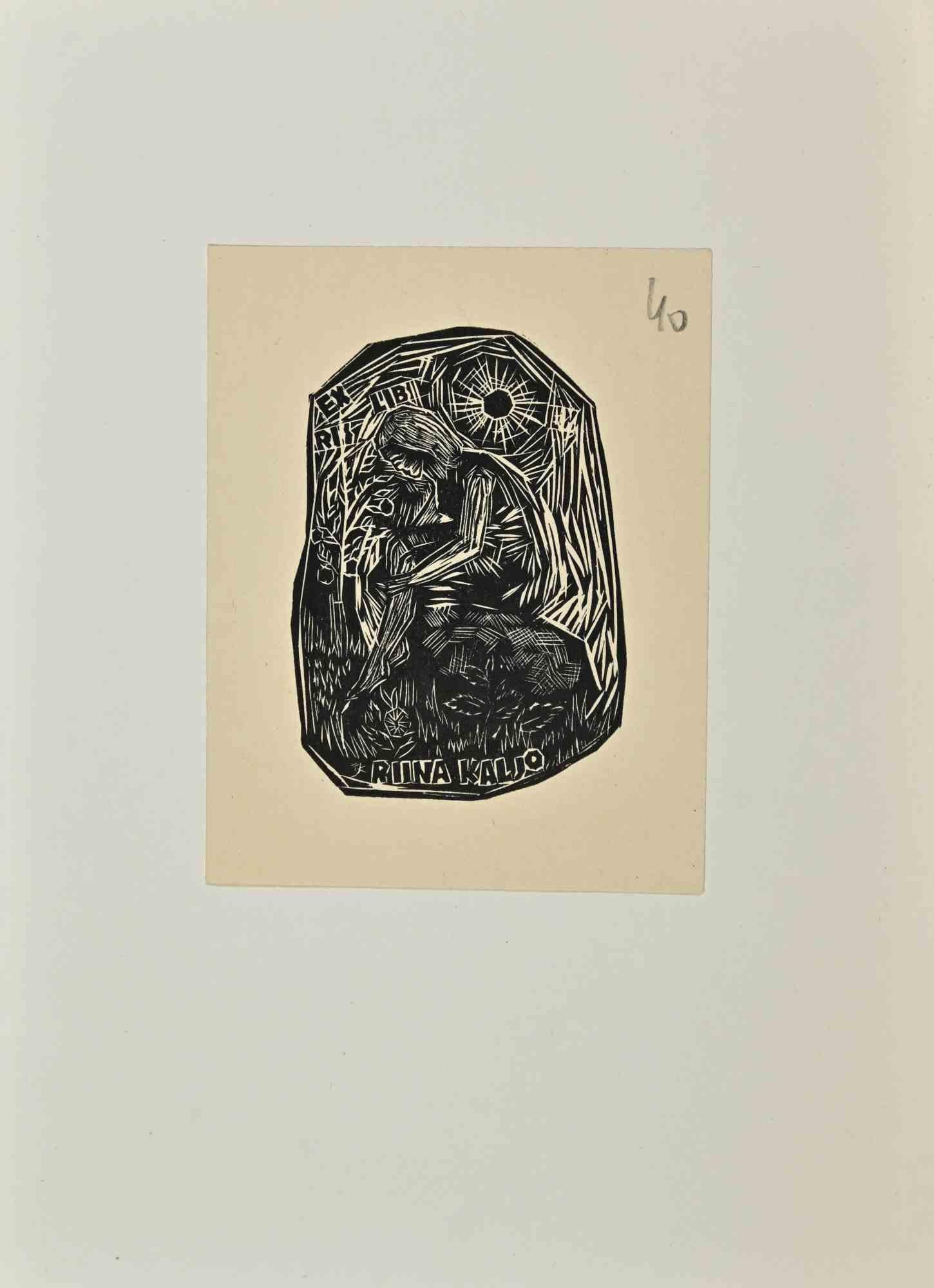 Jacopo Cell Figurative Print – Ex Libris   Runa Kaljo – Holzschnitt – Mitte des 20. Jahrhunderts