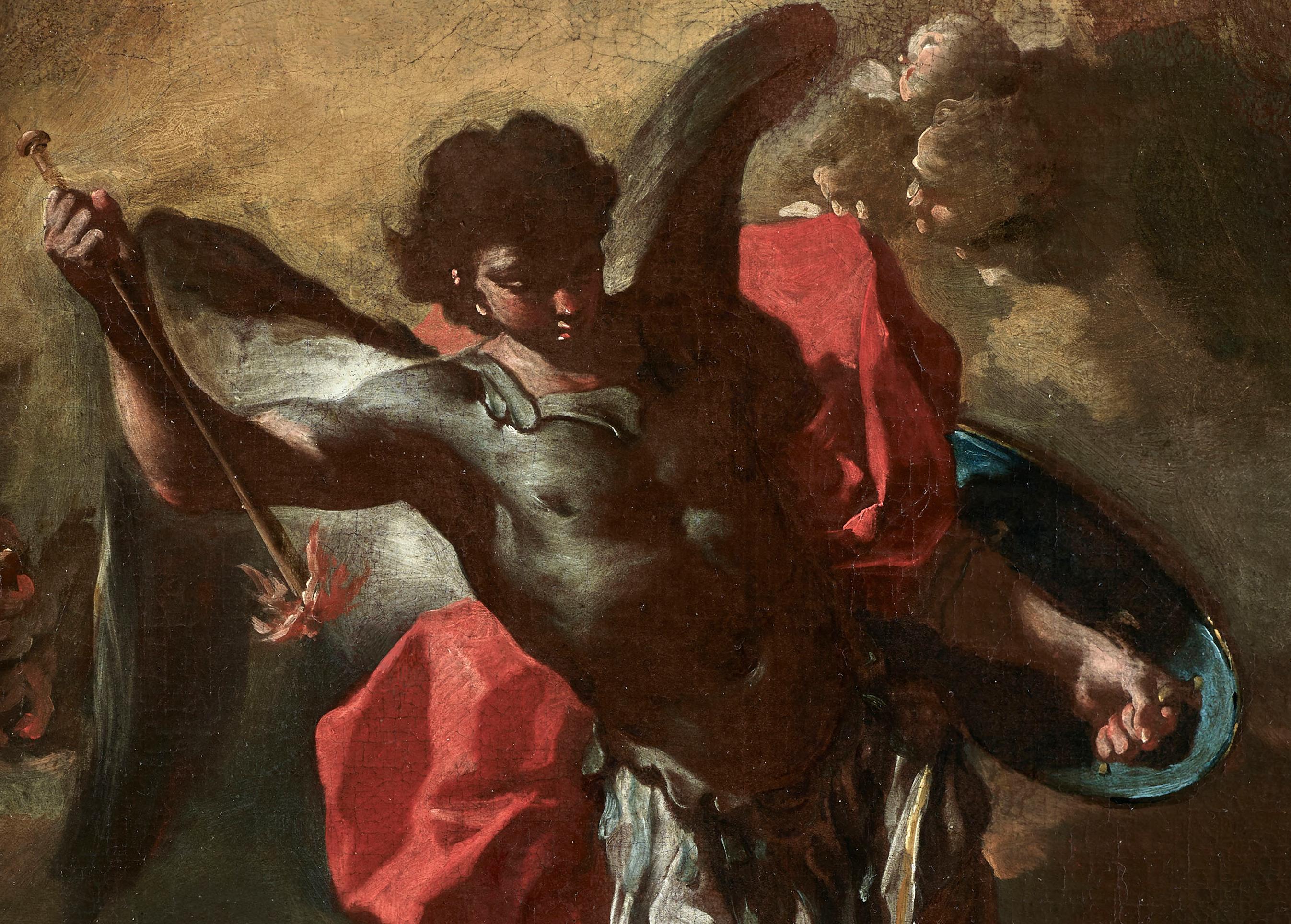 Diese Darstellung des Heiligen Michael im Kampf gegen den Satan zeigt eine dynamische Komposition, die durch die besondere Verwendung von Farbe und ein intensives Hell-Dunkel bereichert wird, was dem Werk eine besondere Atmosphäre verleiht. Bereiche