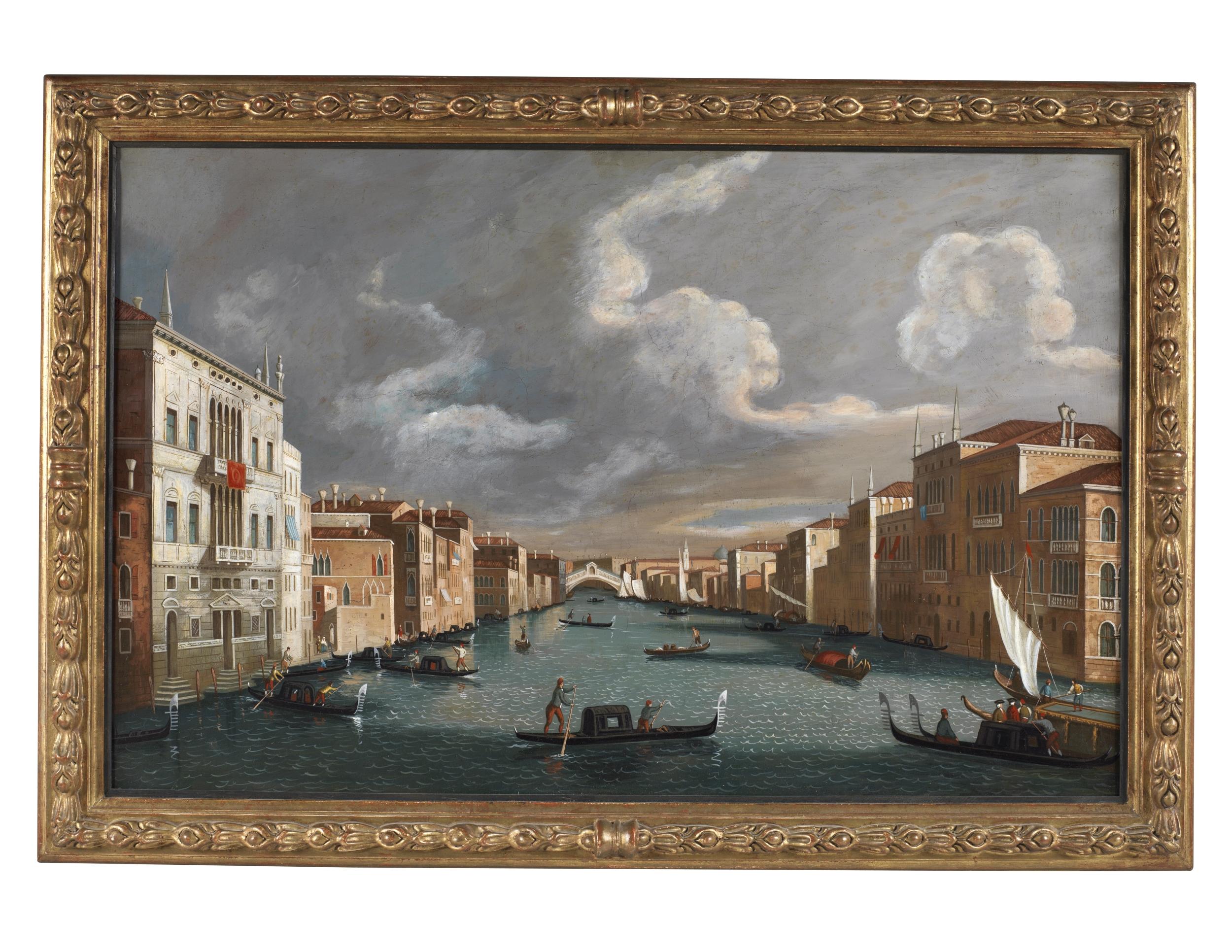 Painting oil on canvas measuring 70 x 90 cm without frame and 82 x 102 cm with frame depicting View of the Grand Canal with the Rialto Bridge.

The work under examination depicting a broad view of the Grand Canal with the Rialto Bridge in the