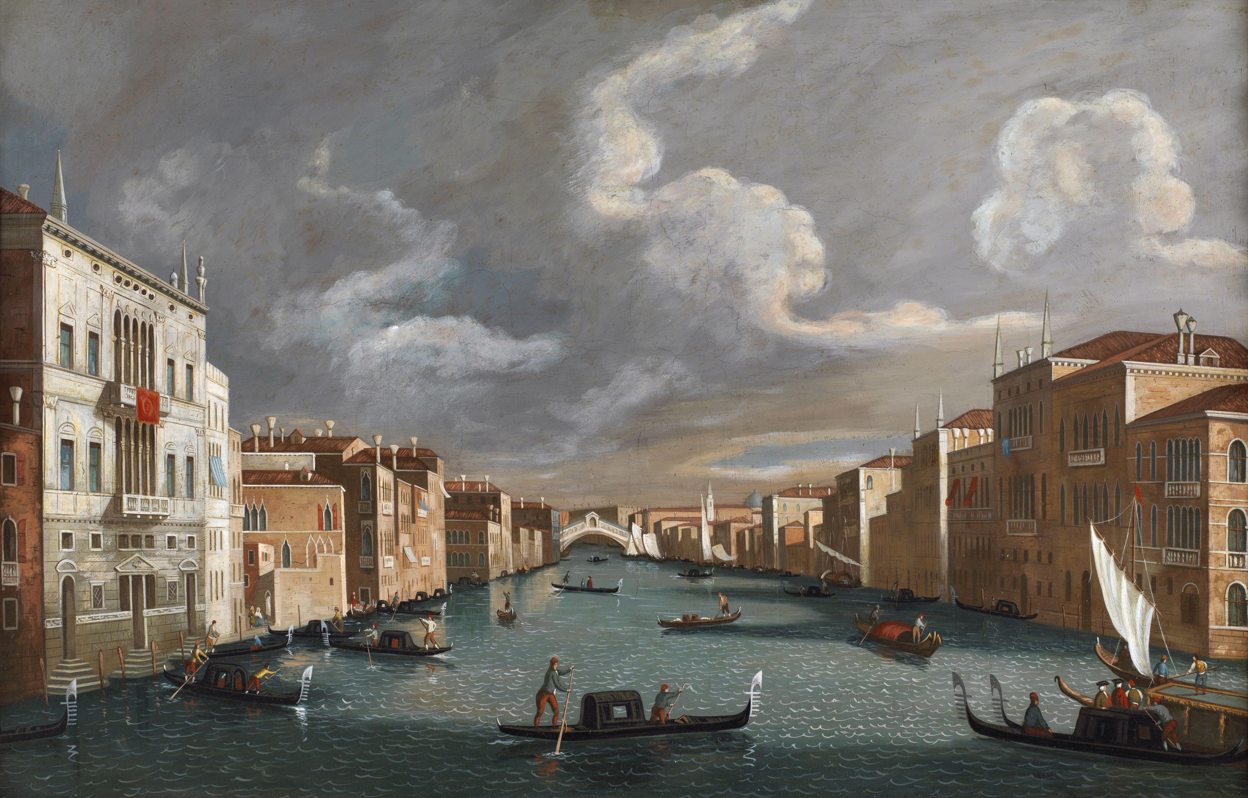 18th Century Venice Jacopo Fabris Venice Rialto Bridge Oil on Canvas Blue
