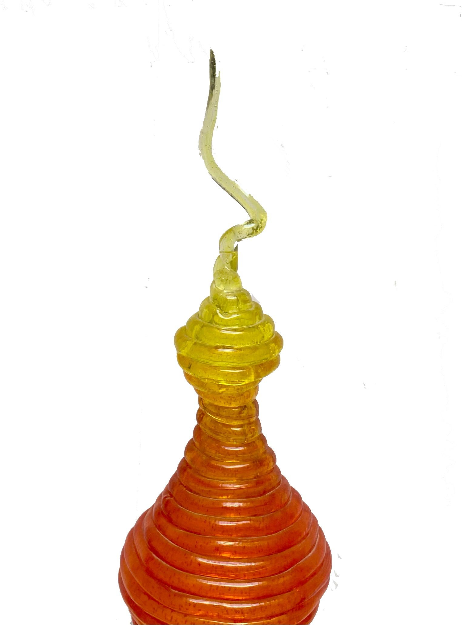 Unique illuminated object, circa 1997. Made by Jacopo Foggini, Milan. Methacrylate, yellow, orange and red

The designer melts methacrylate in a self-designed machine. With it, he developes strands he shapes and joins with his own hands.