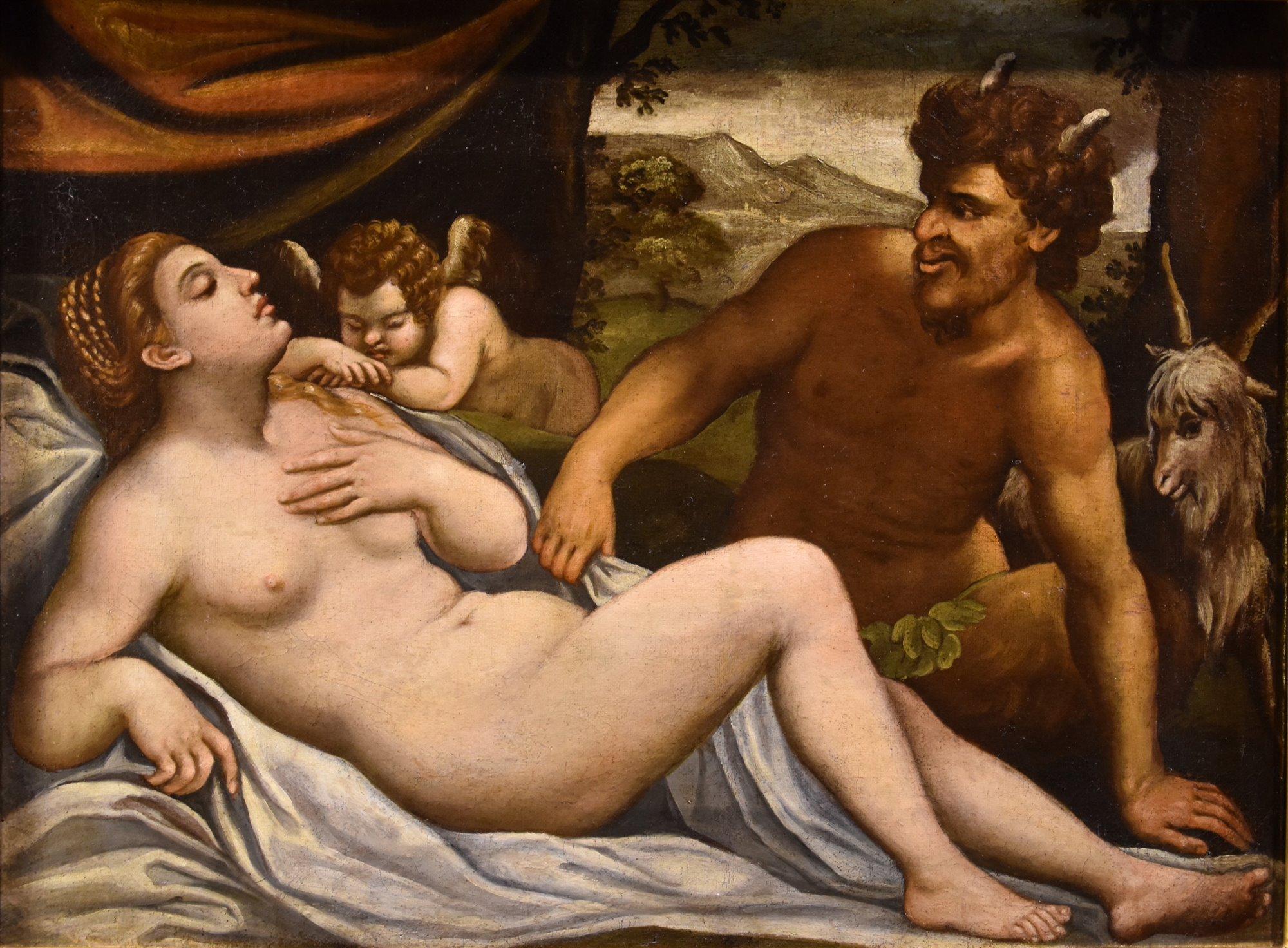 Venus Cupid Satyr Palma Il Giovane Paint Oil on canvas 17th Century Old master - Painting by Jacopo Negretti, known as Palma il Giovane (Venice 1544 - 1628)