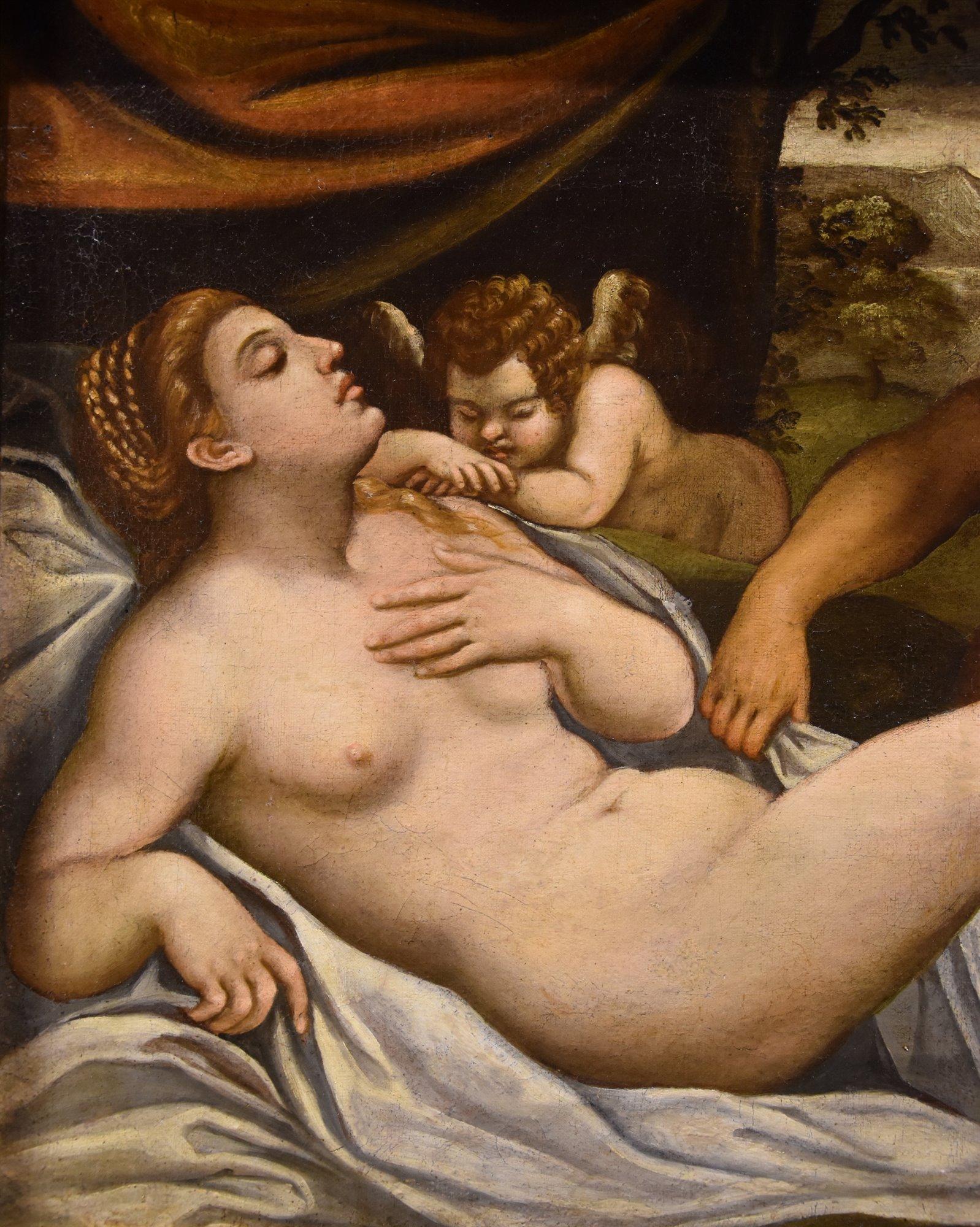 Venus Cupid Satyr Palma Il Giovane Paint Oil on canvas 17th Century Old master - Old Masters Painting by Jacopo Negretti, known as Palma il Giovane (Venice 1544 - 1628)