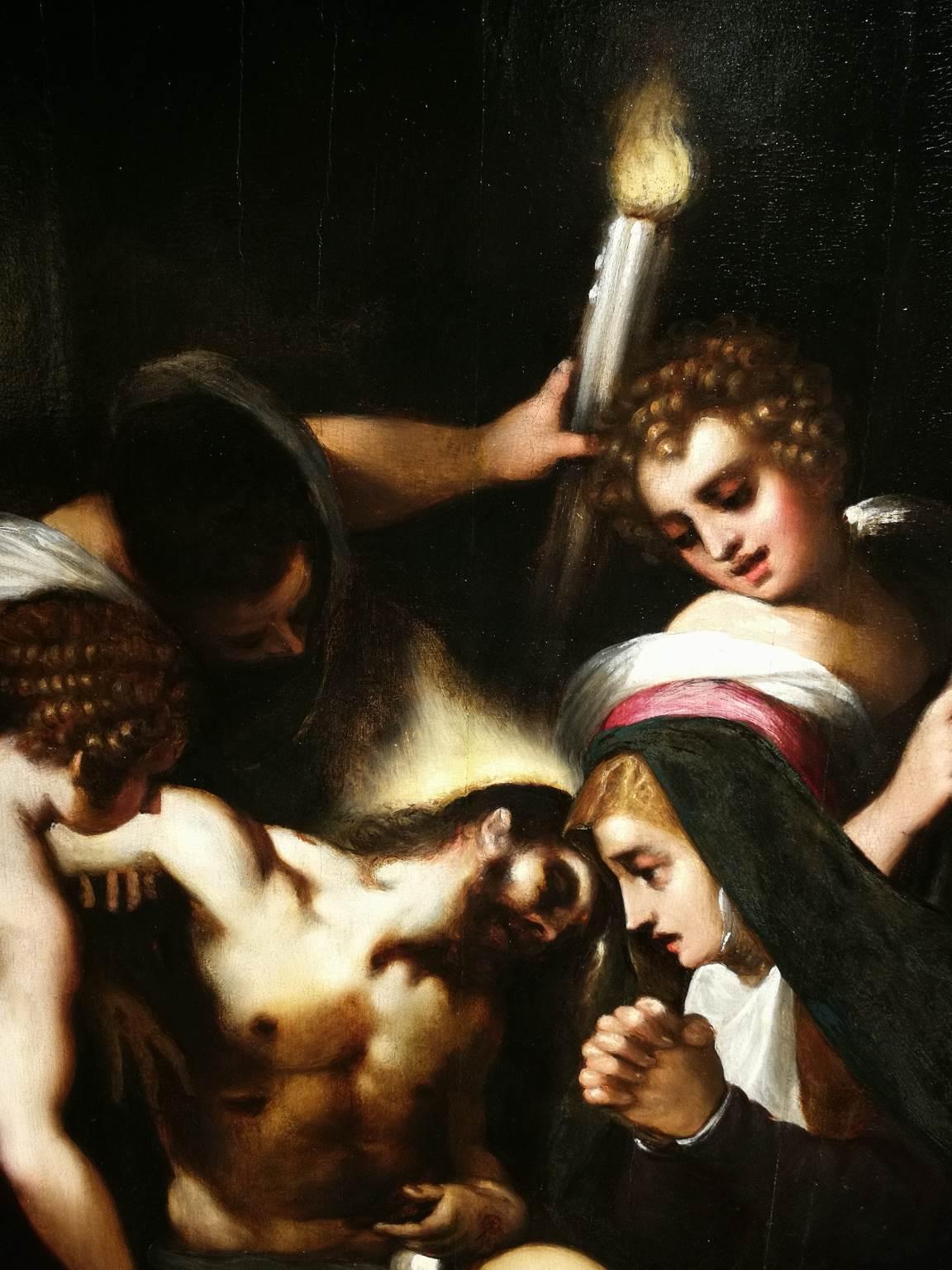 Le misure senza la cornice in legno intagliata e dorata sono 97 x 72 cm.

El misterio de Cristo muerto es uno de los temas más difundidos del arte cristiano católico, donde el cuerpo mismo de Jesús es uno de los más importantes objetos