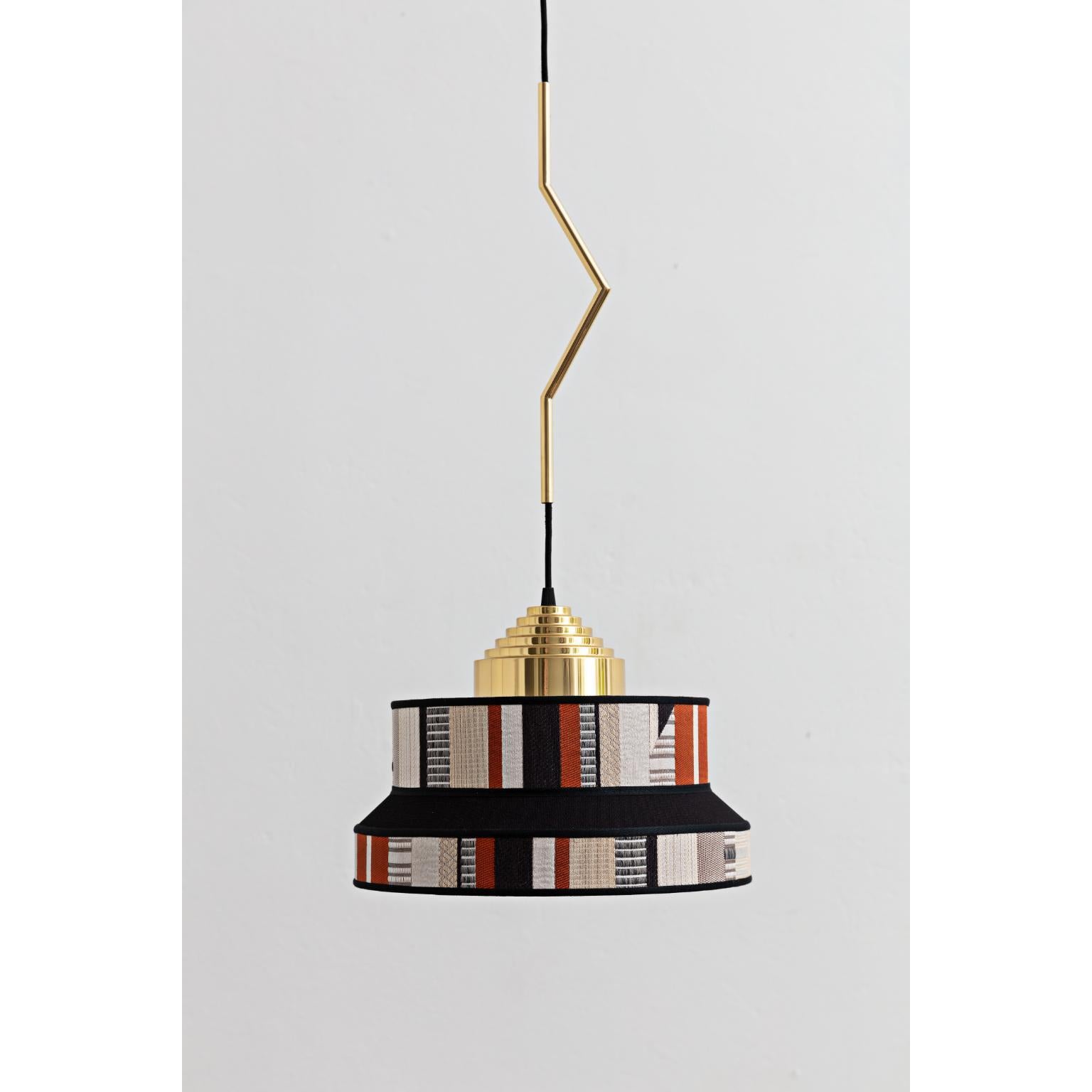 Jacquard Rust Aperitivo Pendant Lamp by Servomuto
Dimensions: D 36 x H 73 cm
Materials: Lampshade: Hermès PES Fabric, Perspective Cavaliere Bayadere Outdoor or Dedar Babelia jacquard fabric. Structure: Polished Brass.
Weight: 1 Kg. 

The Aperitivo