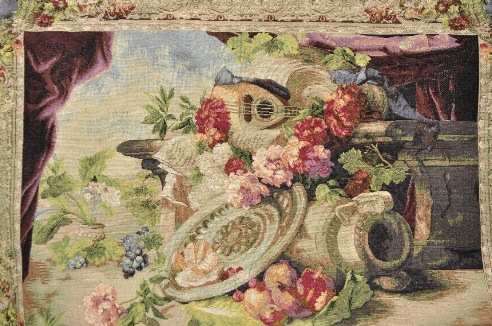 French Provincial Jacquard Woven French Wall Tapestry Still Life Flowers & Mandolin by J&D For Sale